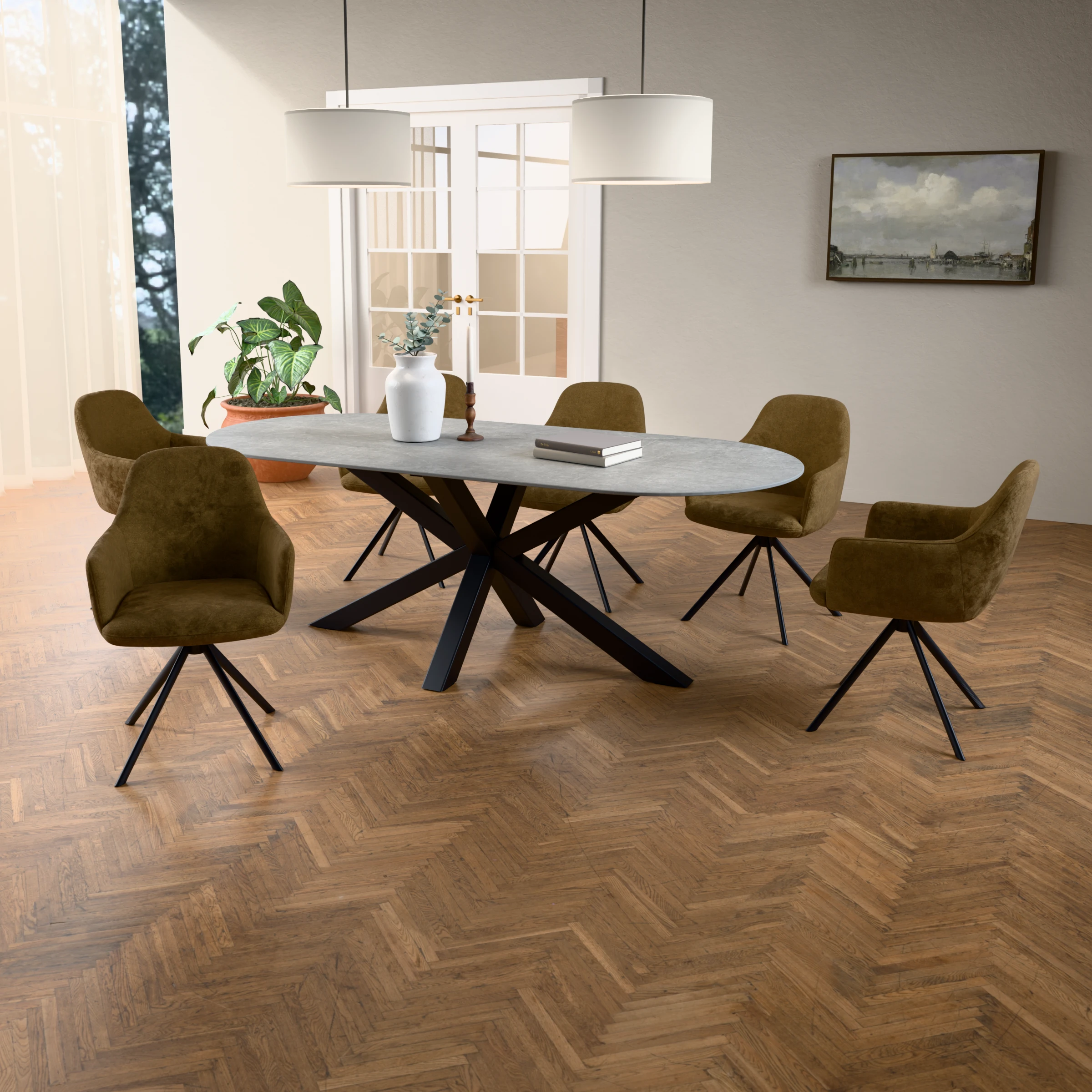 Racetrack ceramic table Riga 80x80 steel — in a room setting