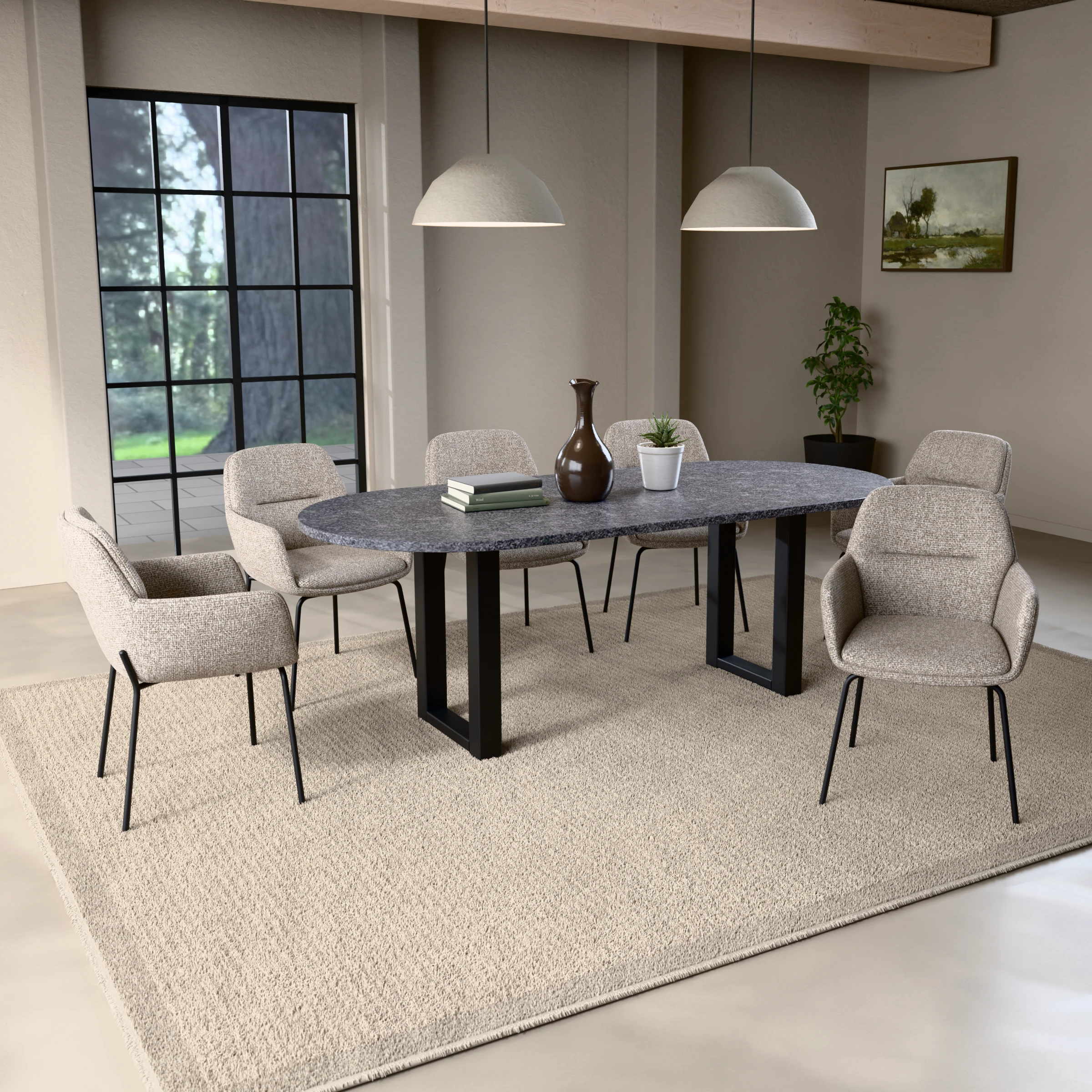 Racetrack granite table Amsterdam steel — in a room setting