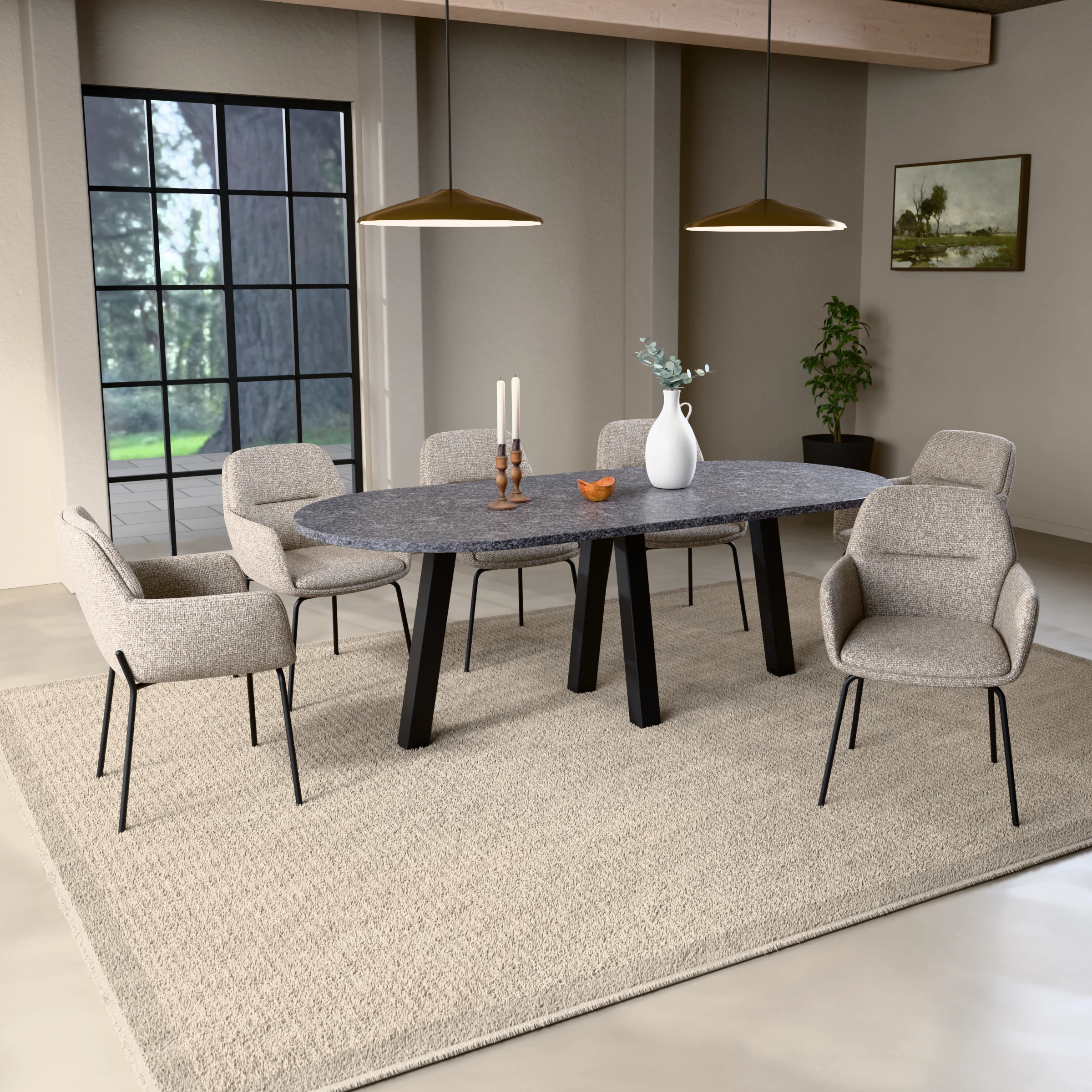 Racetrack granite table Praag steel — in a room setting