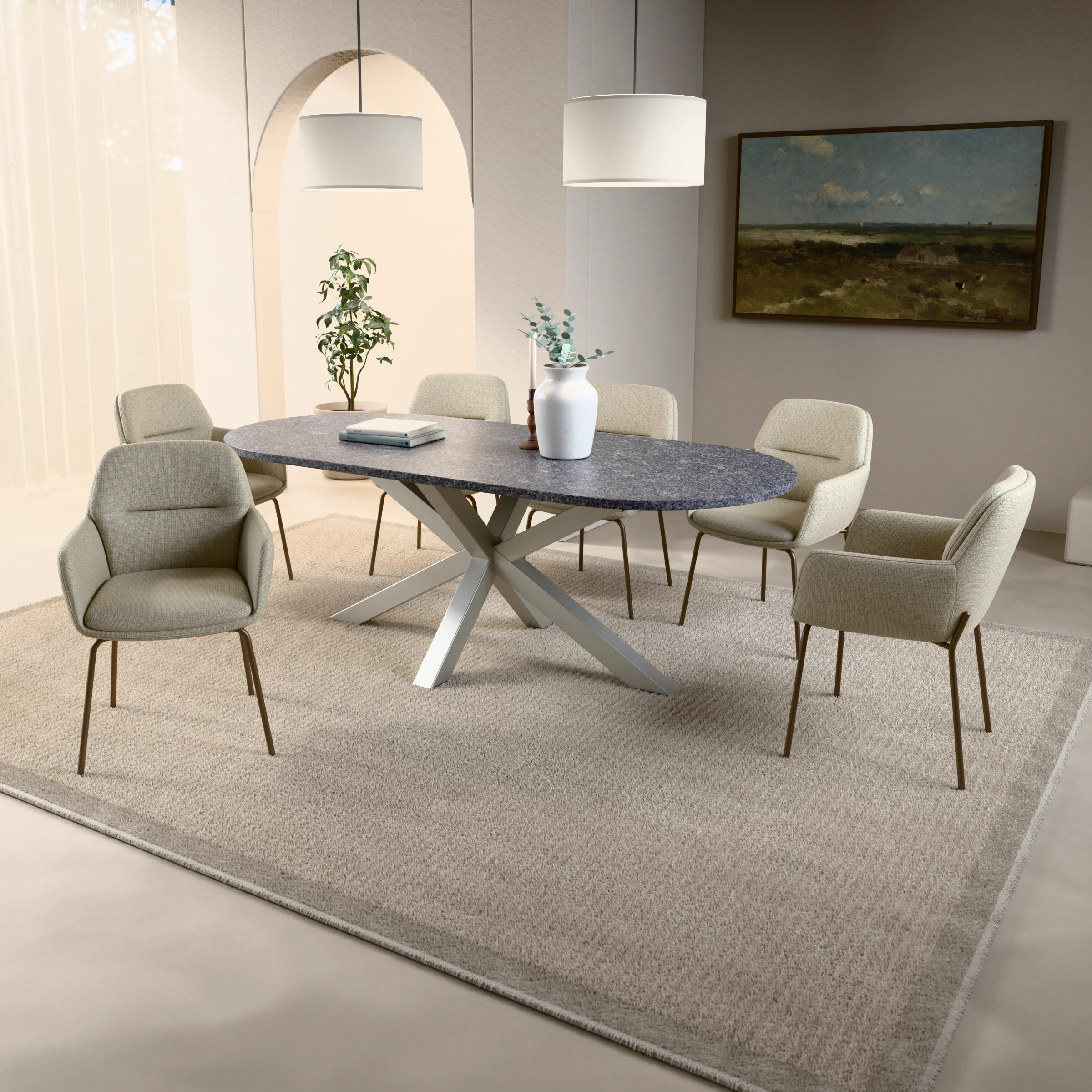 Racetrack granite table Riga 80x80 stainless steel — in a room setting