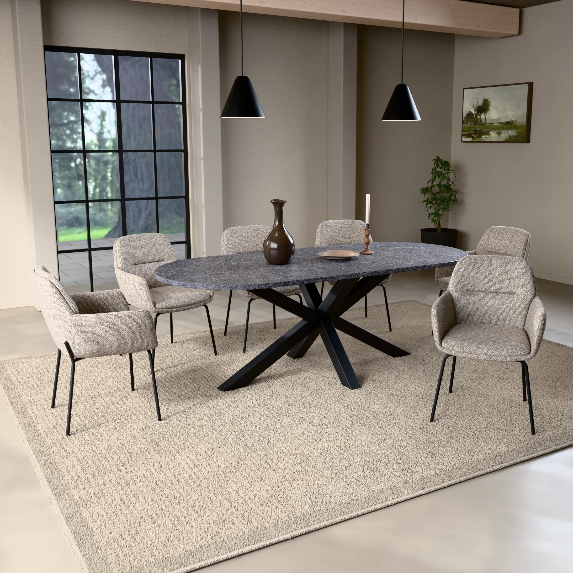 Racetrack granite table Riga 80x80 steel — in a room setting