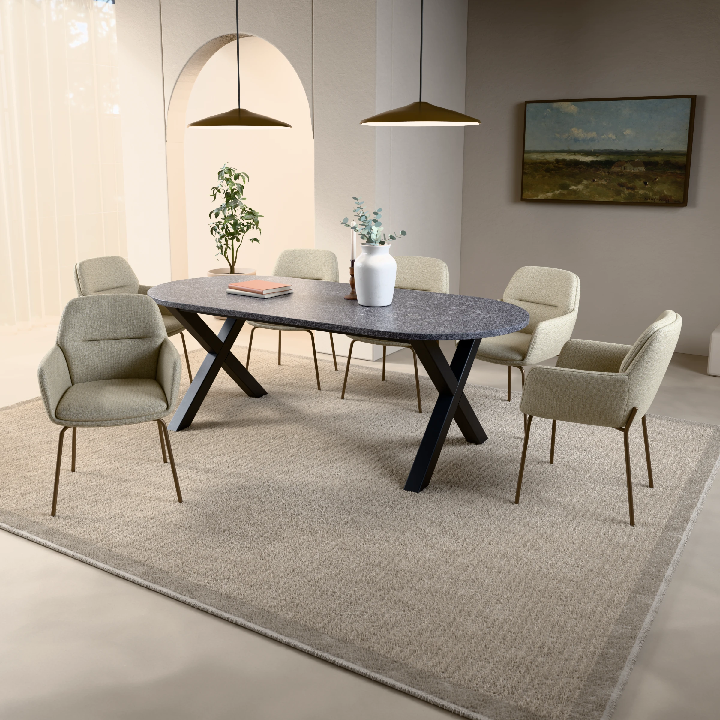 Racetrack granite table Sydney steel — in a room setting