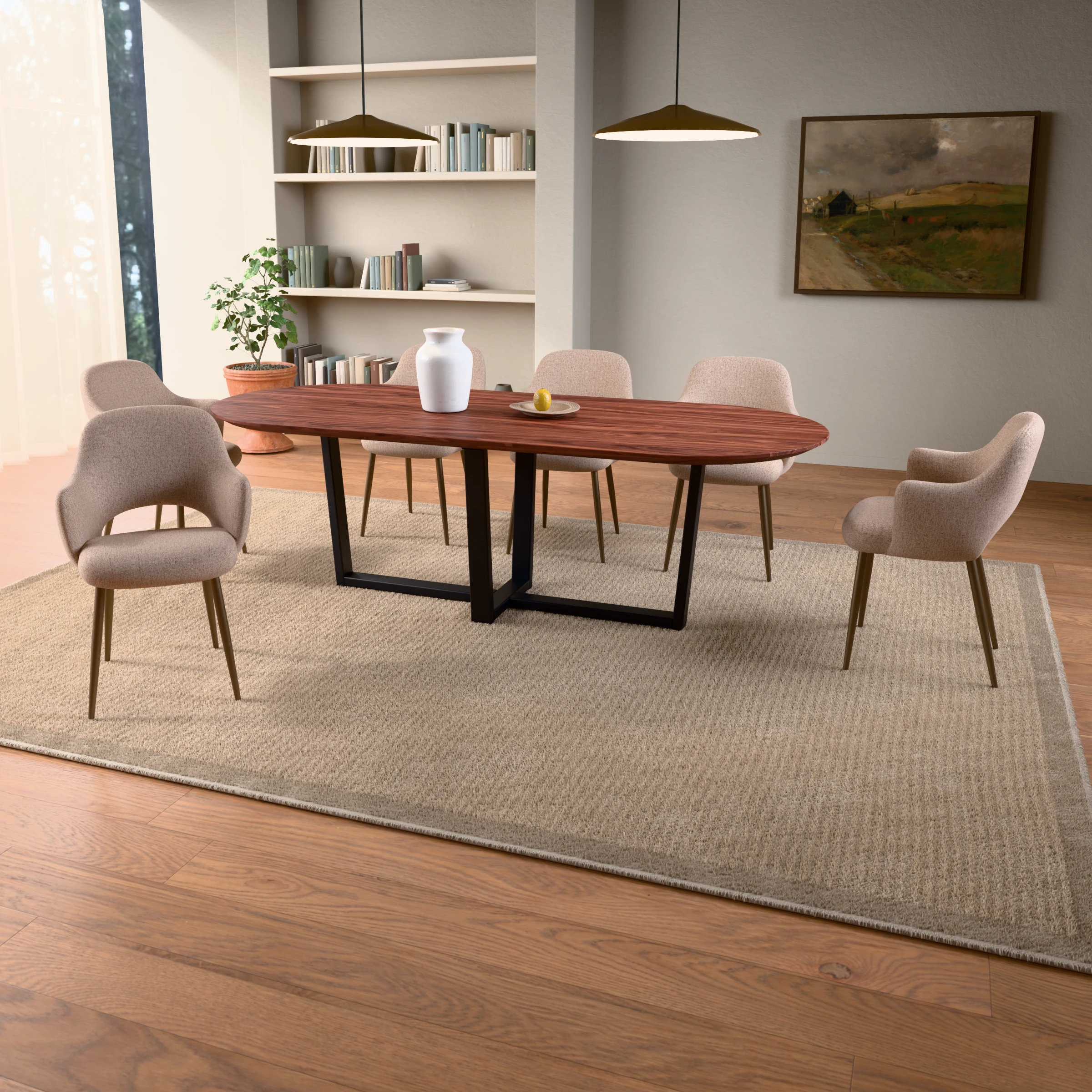 Racetrack walnut table Geneve steel — in a room setting