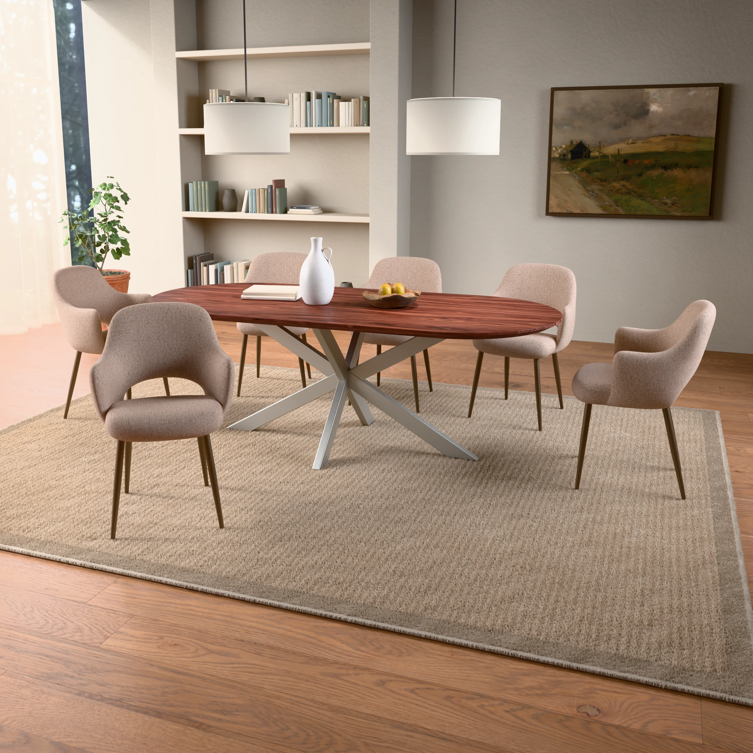 Racetrack Nussbaum-Tisch Riga 80x40 Edelstahl — im Wohnambiente
