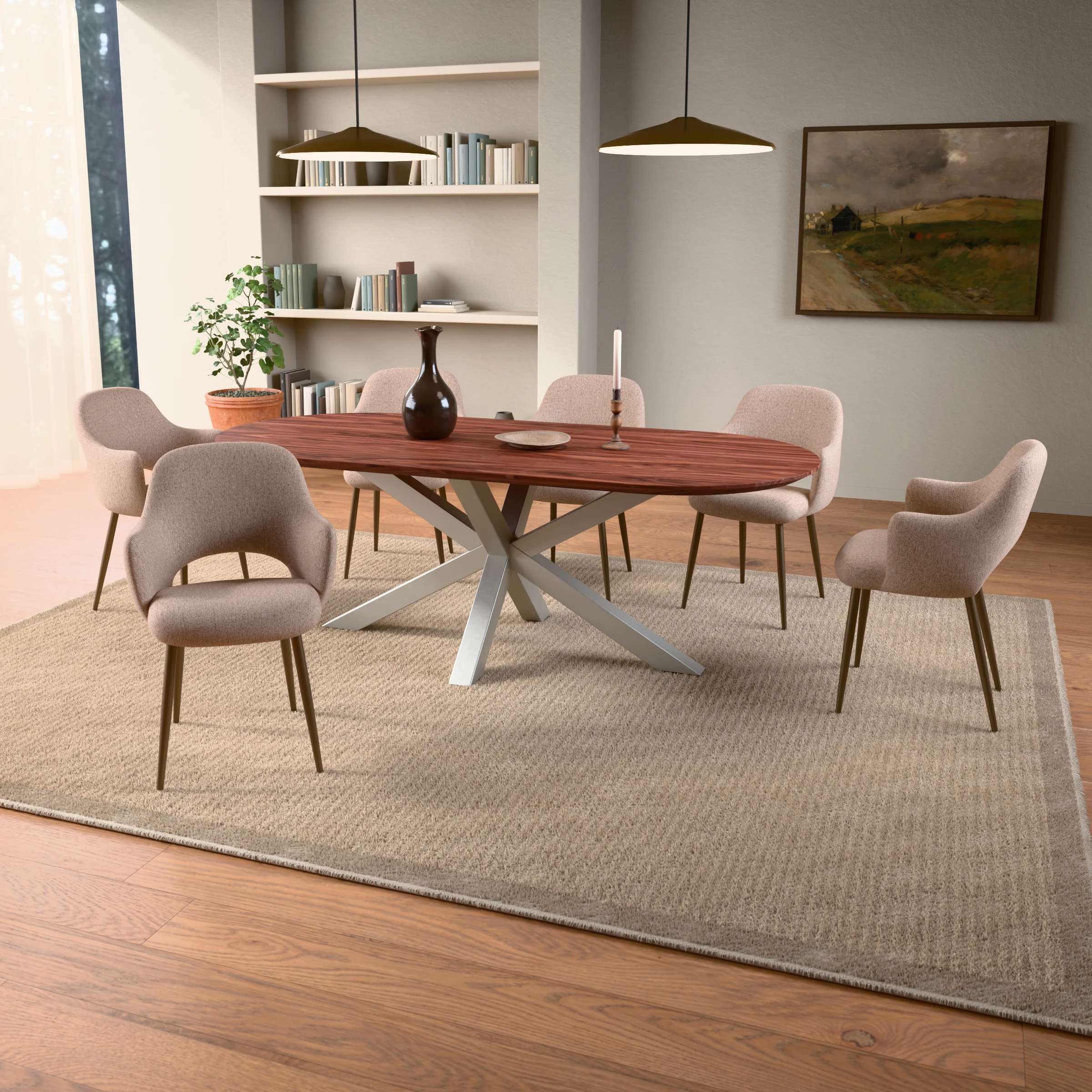 Racetrack notenhouten tafel Riga 80x80 RVS — sfeerbeeld