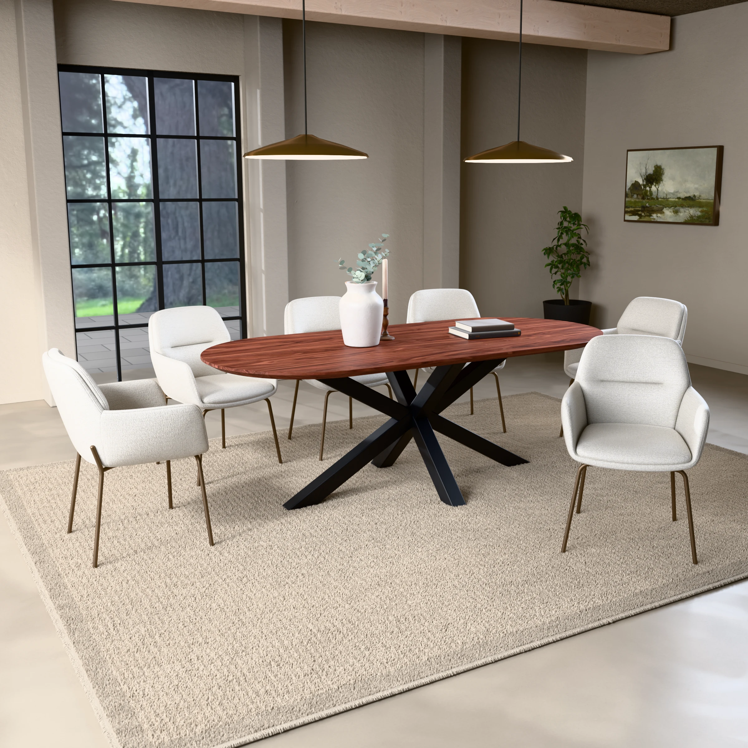 Racetrack walnut table Riga 80x80 steel — in a room setting