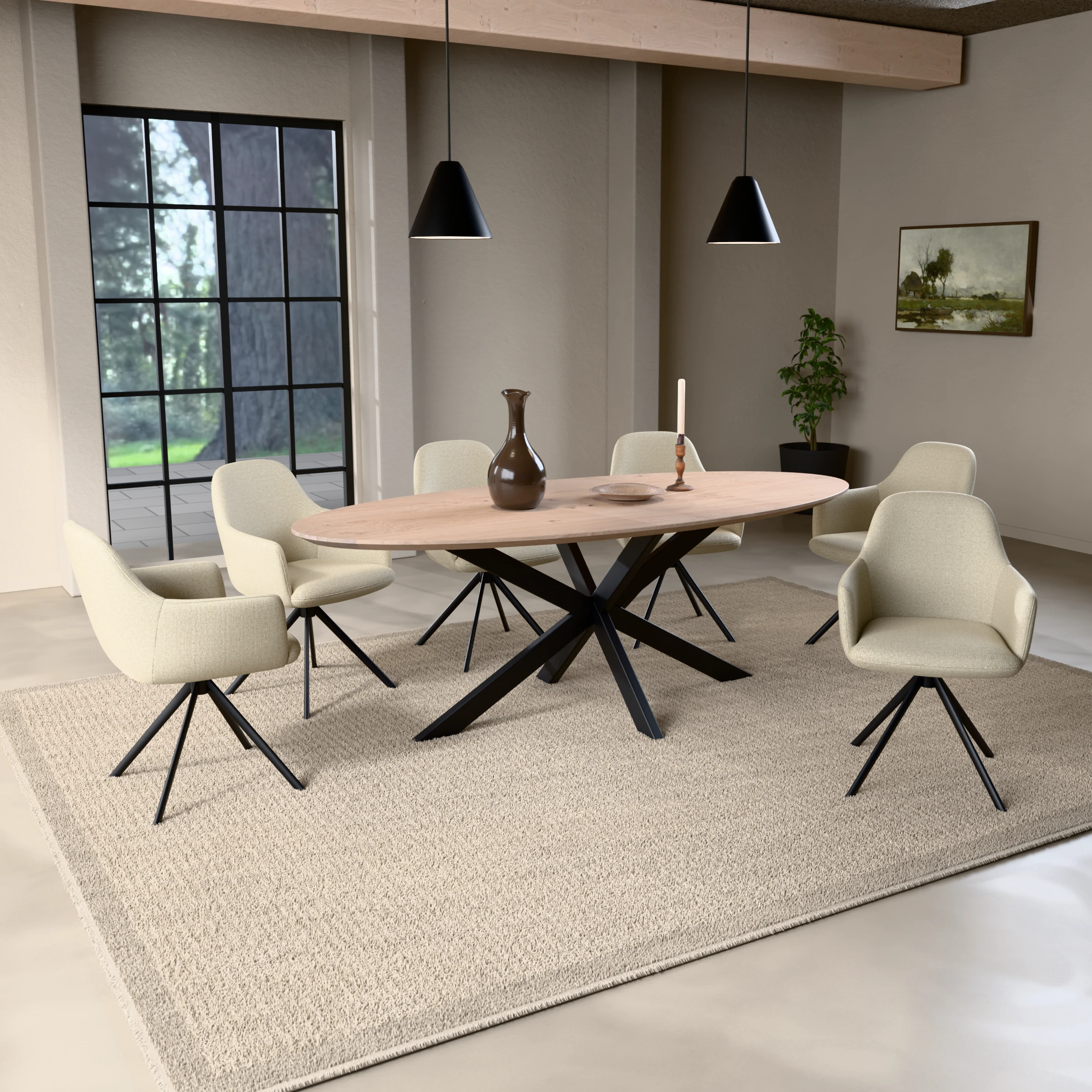 Oval oak table Riga 80x40 steel — in a room setting
