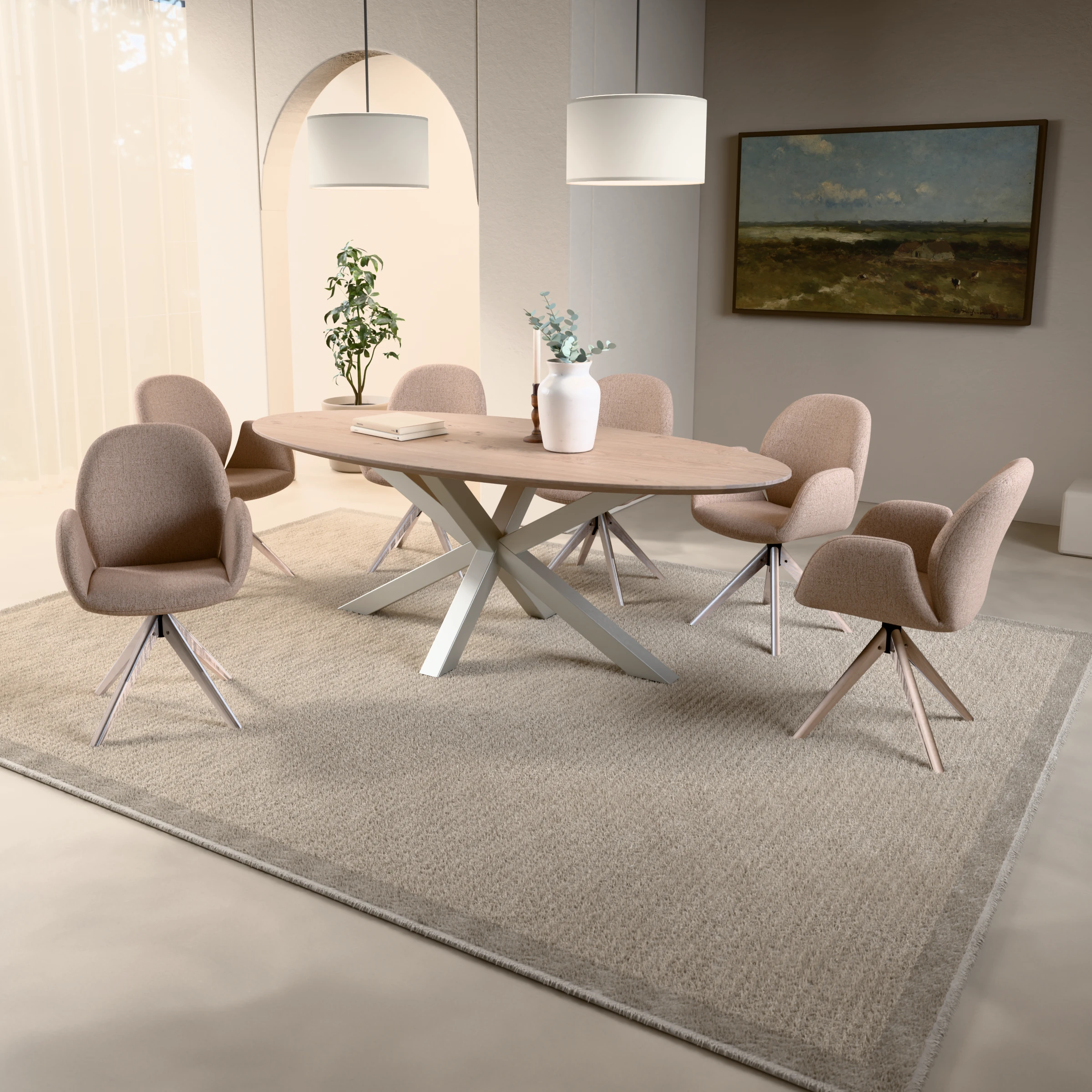 Ovale eikenhouten tafel Riga 80x80 RVS — sfeerbeeld