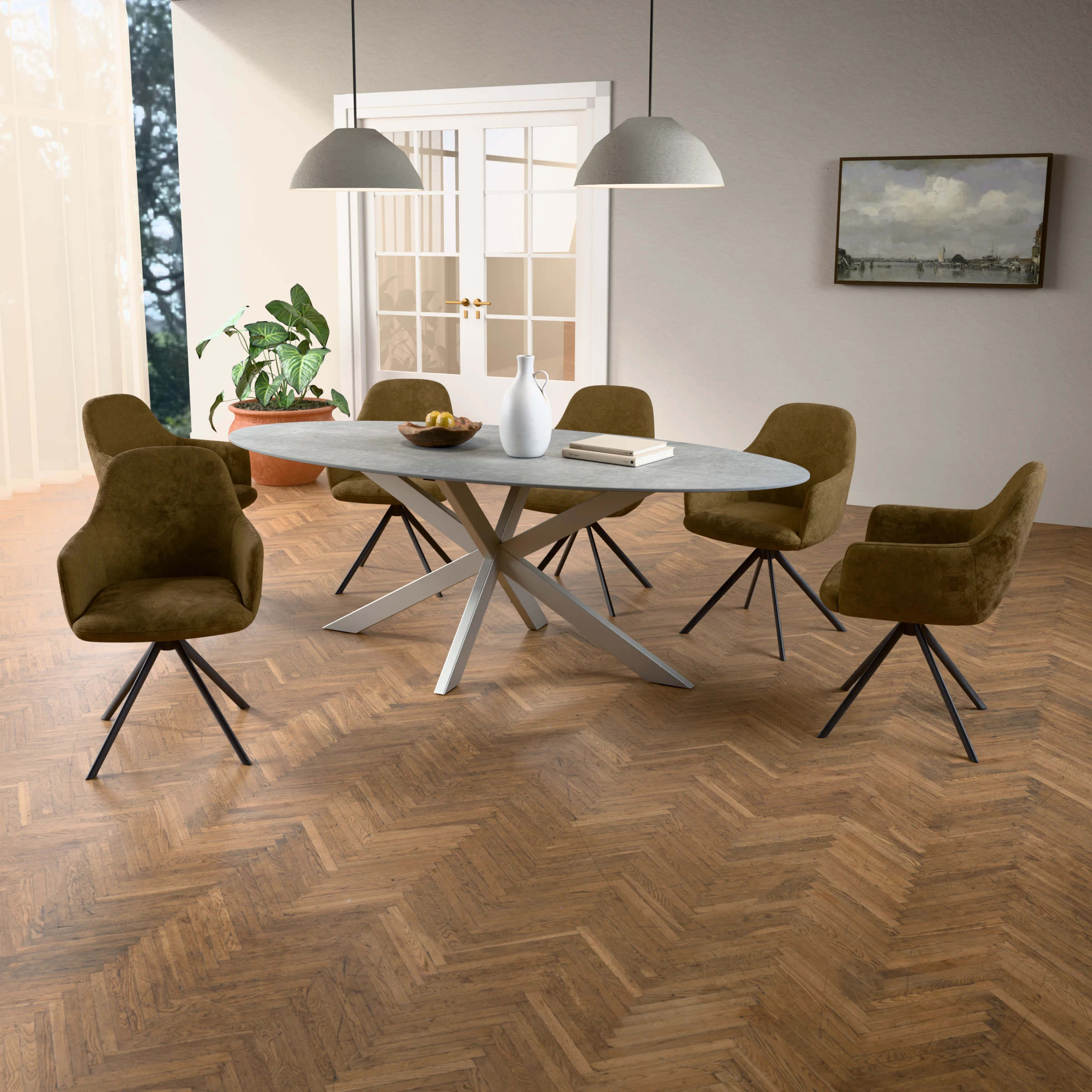 Oval ceramic table Riga 80x40 stainless steel — in a room setting