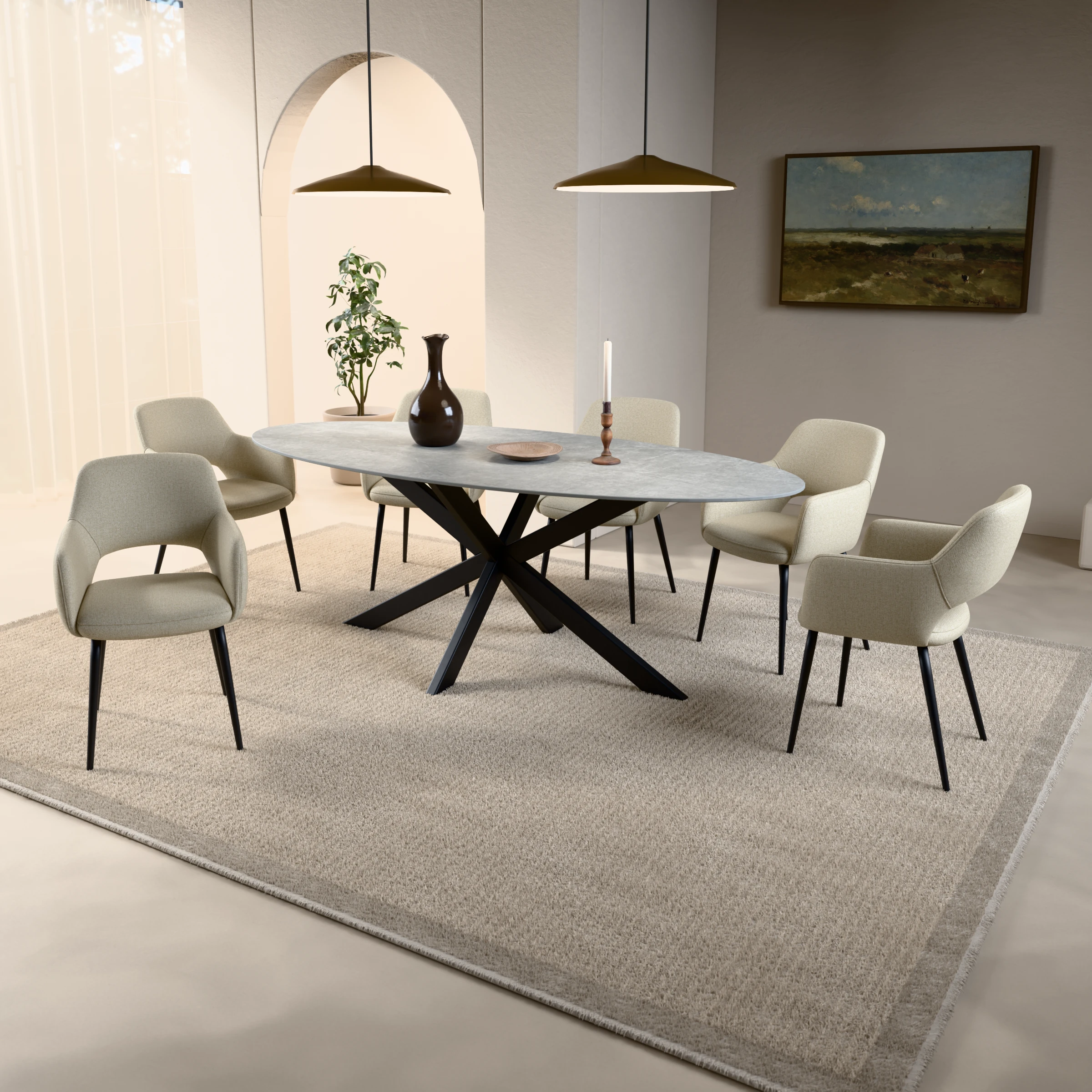 Oval ceramic table Riga 80x40 steel — in a room setting