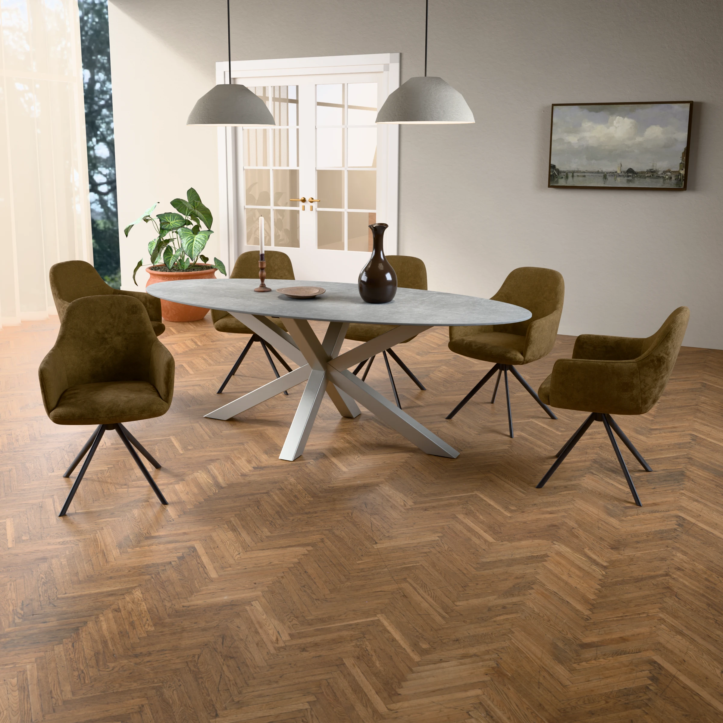 Oval ceramic table Riga 80x80 stainless steel — in a room setting
