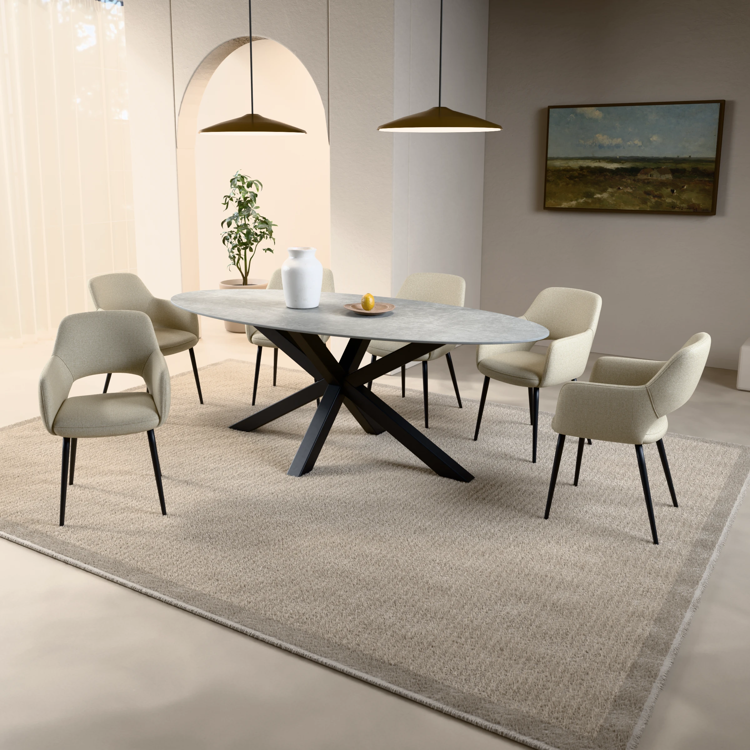 Oval ceramic table Riga 80x80 steel — in a room setting