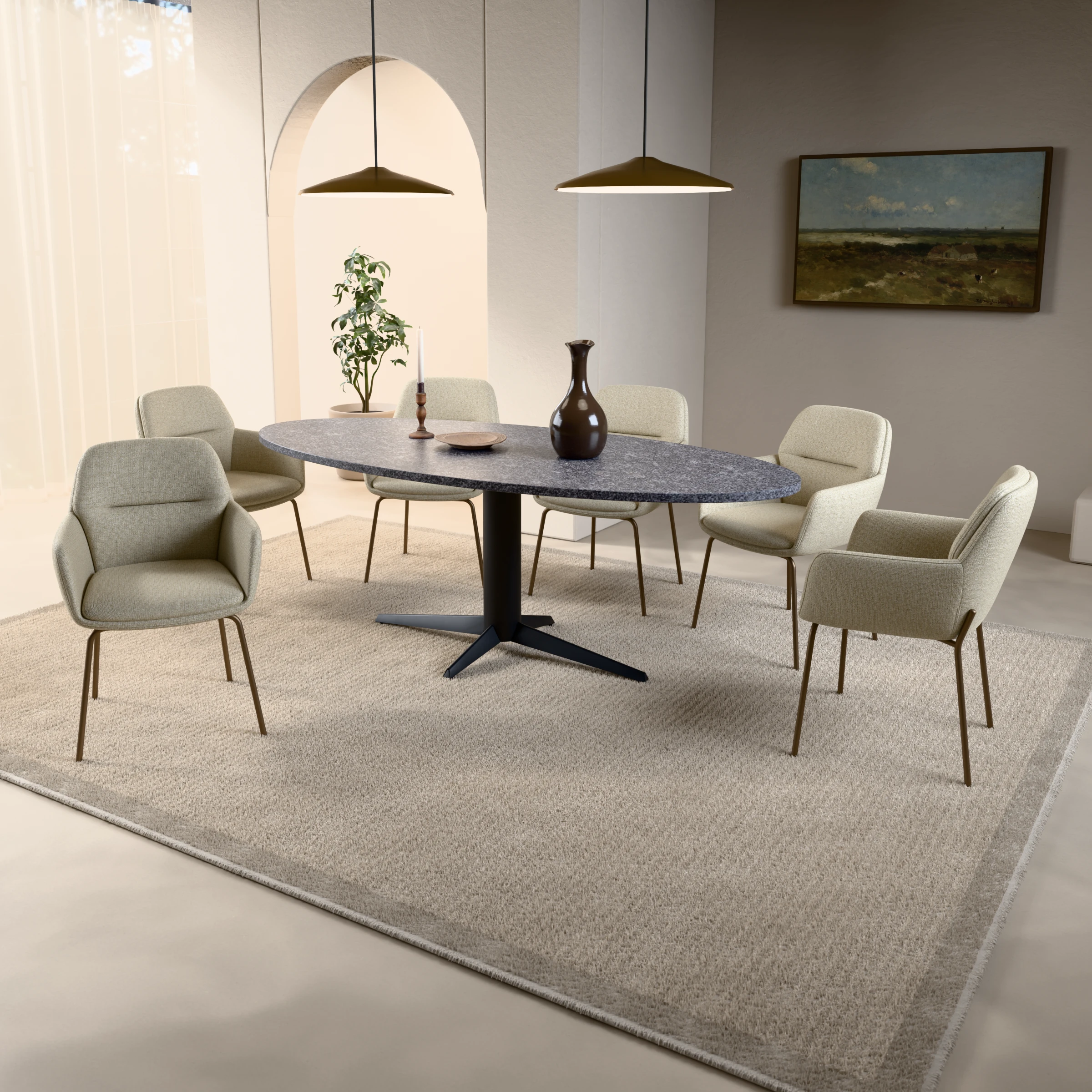 Oval granite table Londen steel — in a room setting