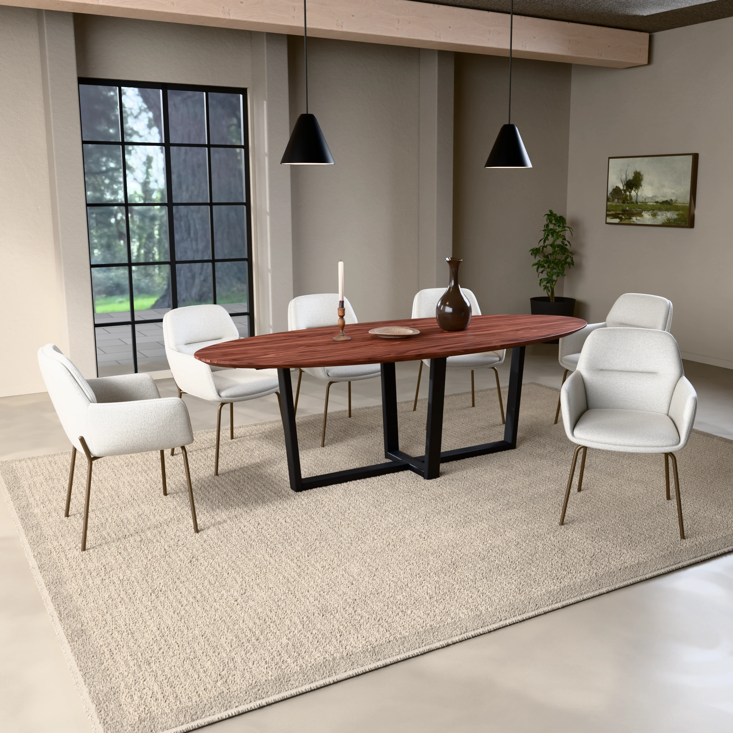 Oval walnut table Geneve steel — in a room setting