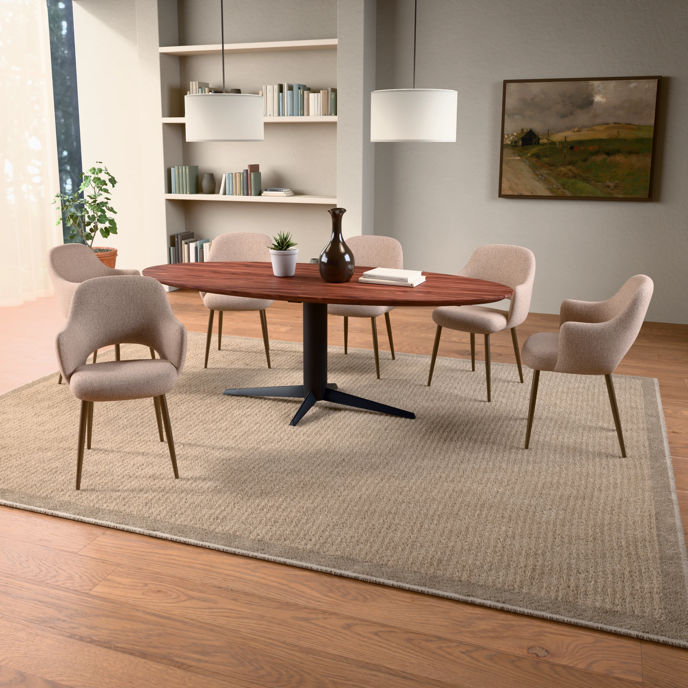 Oval walnut table Londen steel — in a room setting