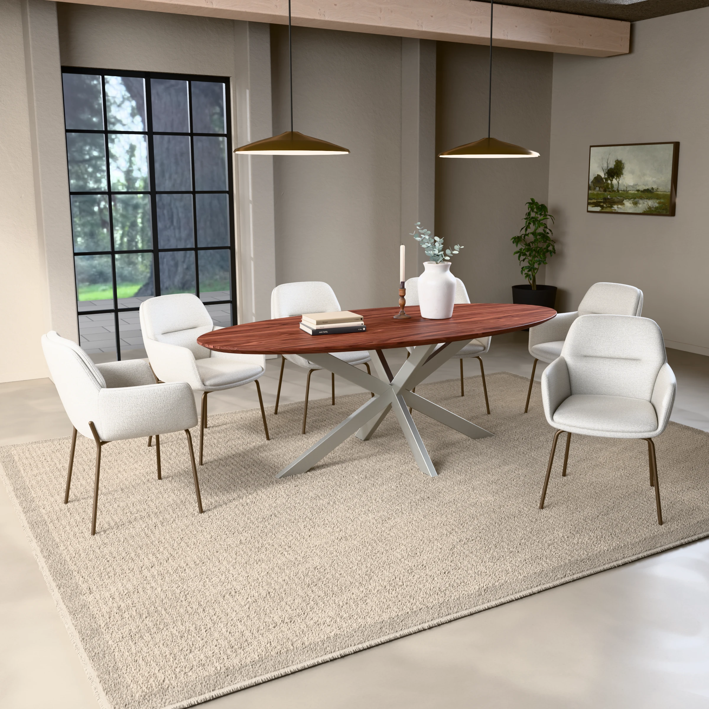 Oval walnut table Riga 80x40 stainless steel — in a room setting