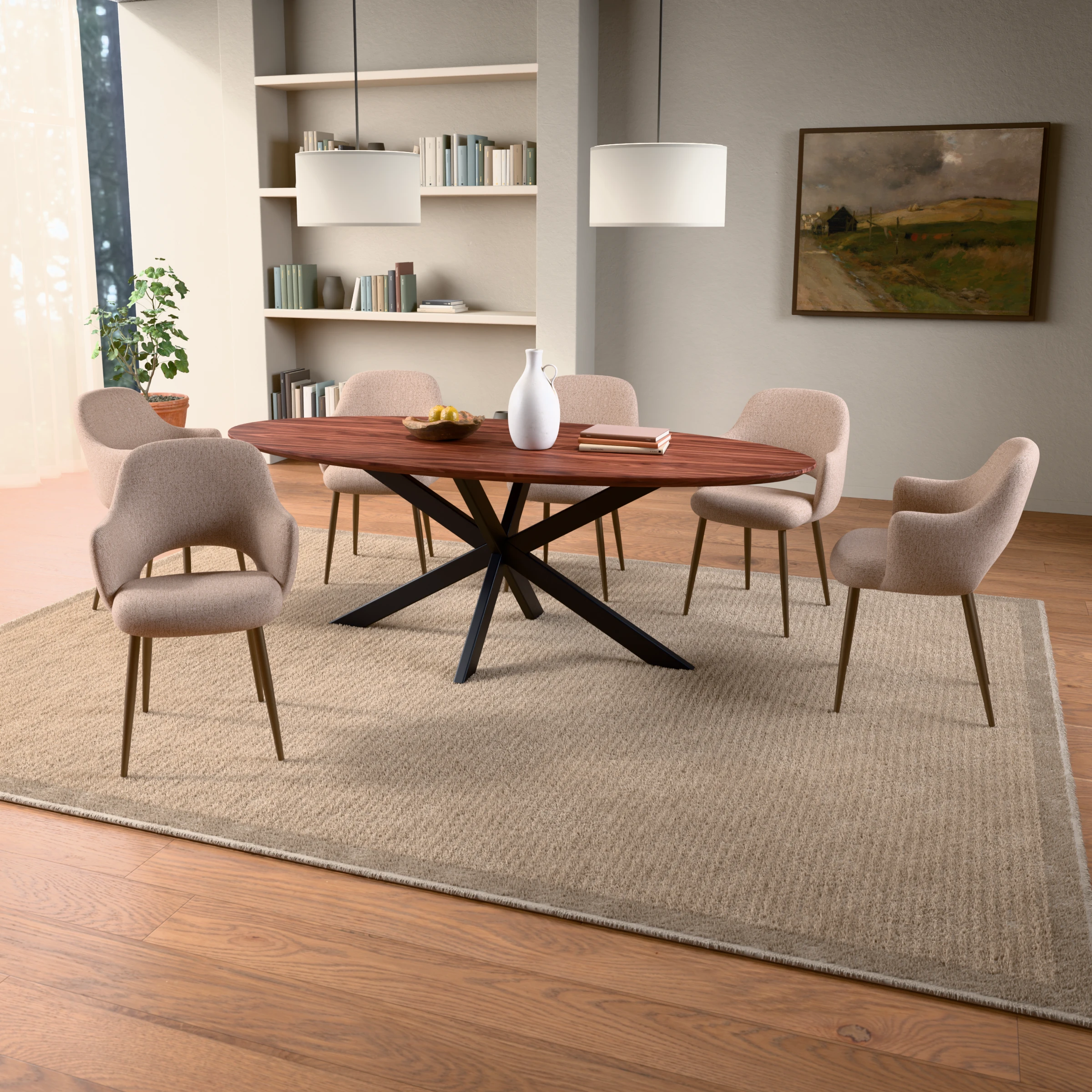 Ovale notenhouten tafel Riga 80x40 staal — sfeerbeeld