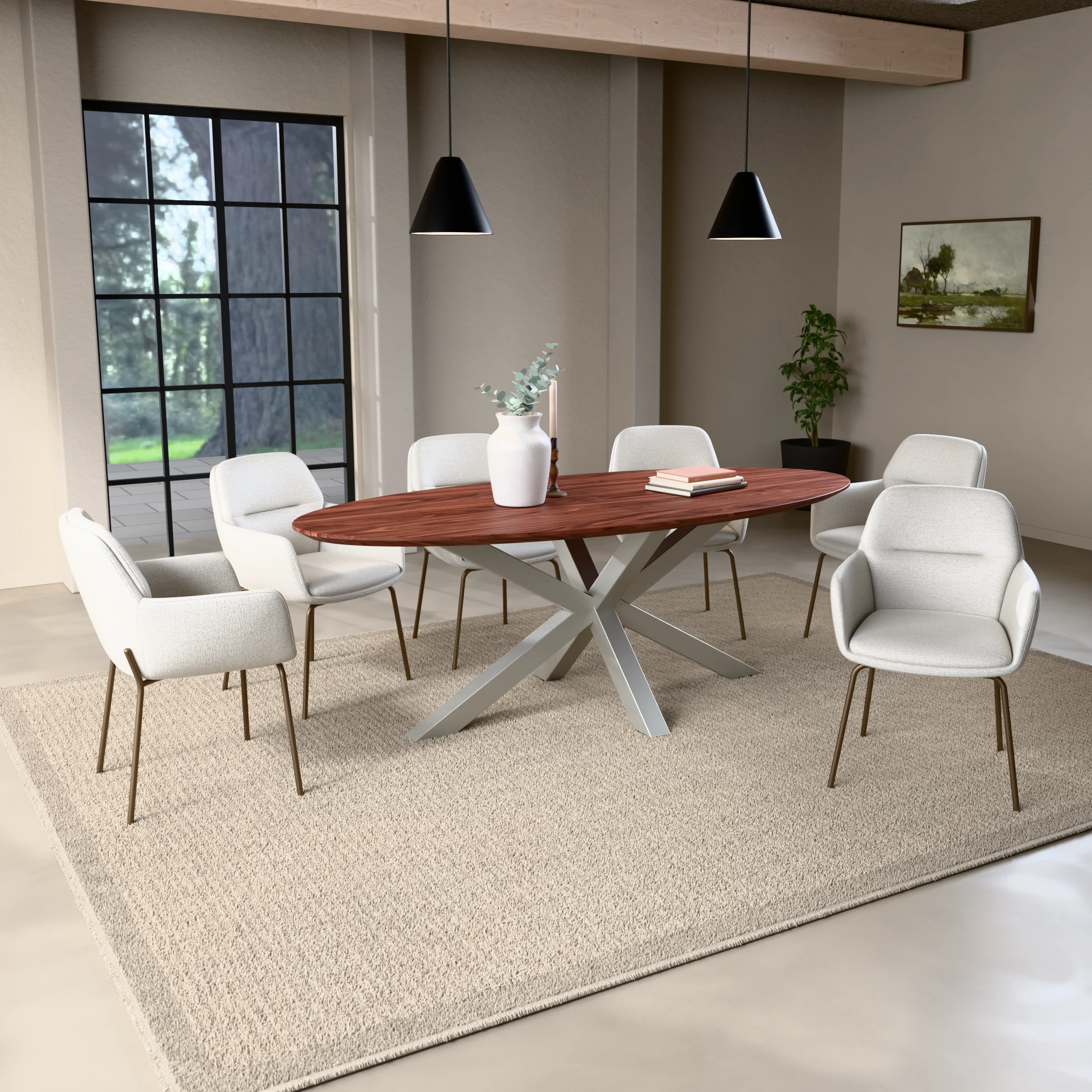 Oval walnut table Riga 80x80 stainless steel — in a room setting