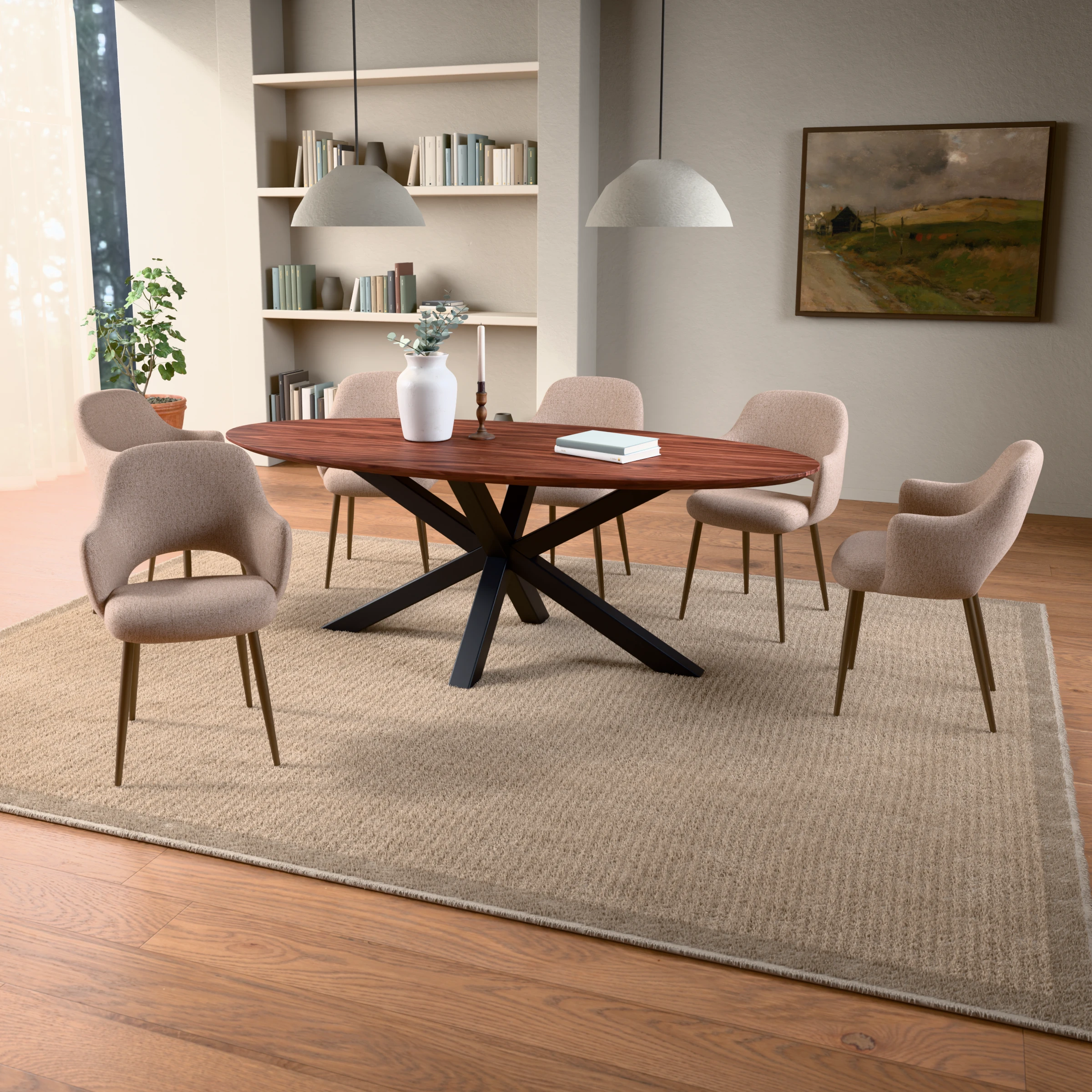 Oval walnut table Riga 80x80 steel — in a room setting