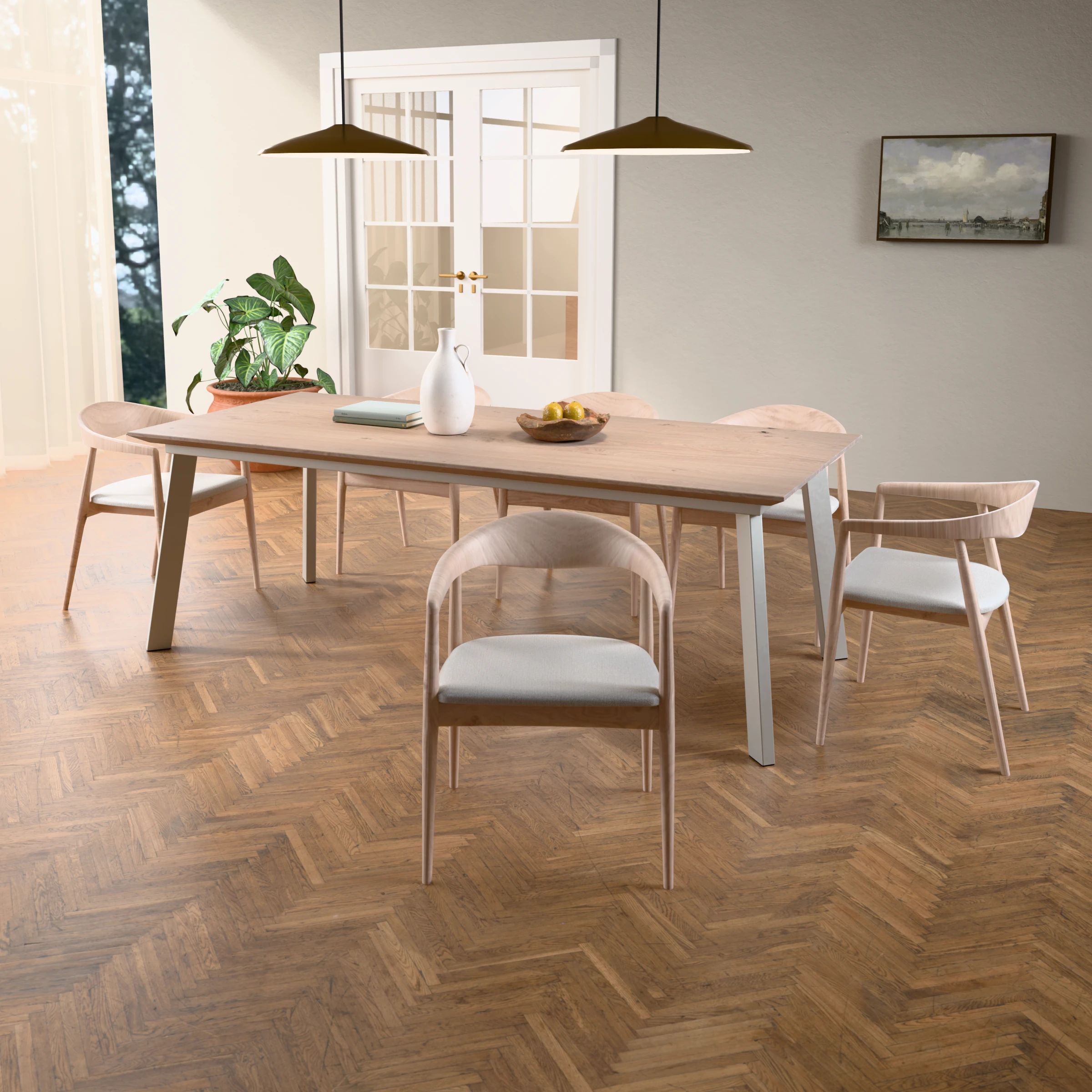 Rectangular oak table Brussel stainless steel — in a room setting