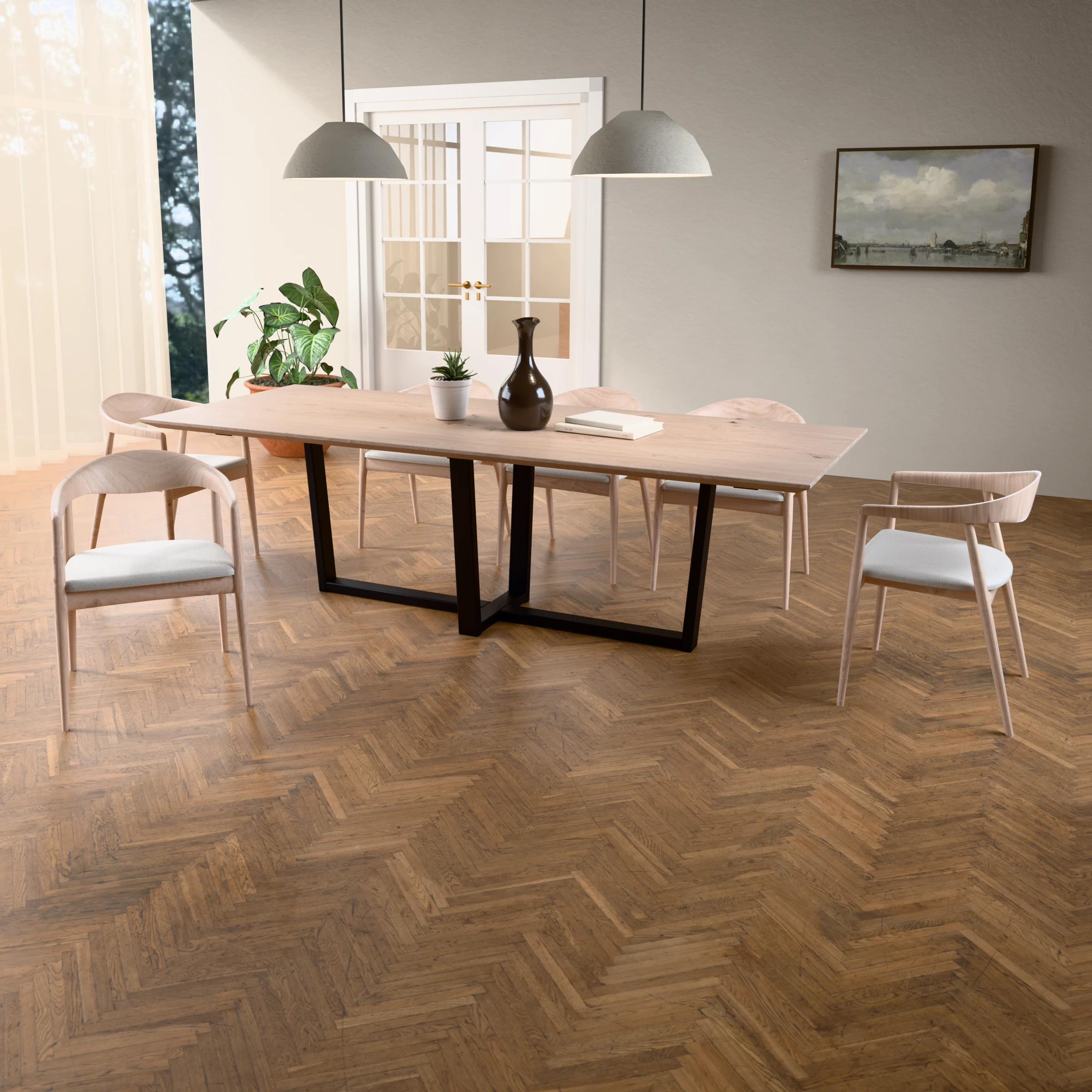 Rectangular oak table Geneve steel — in a room setting