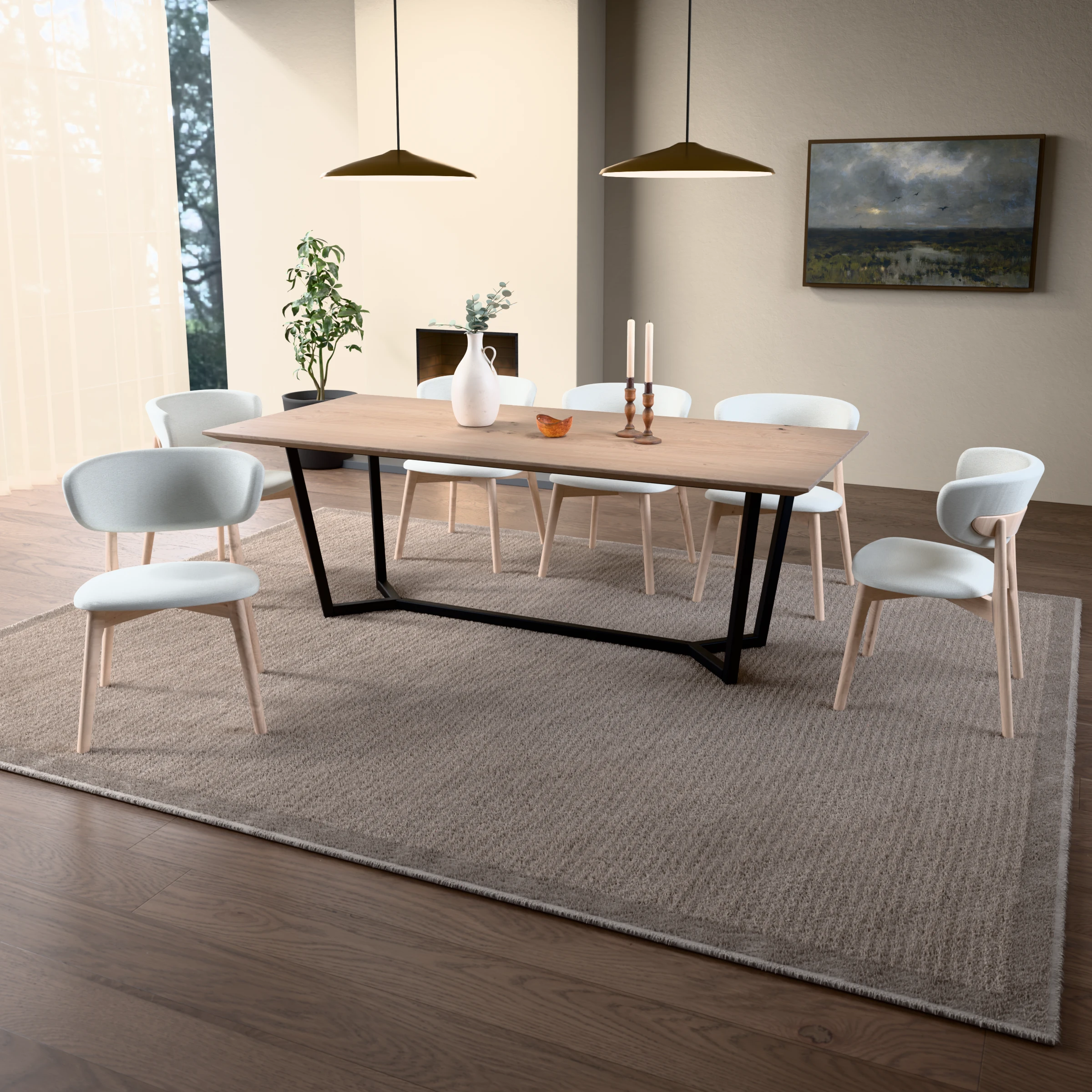 Rectangular oak table Lissabon steel — in a room setting