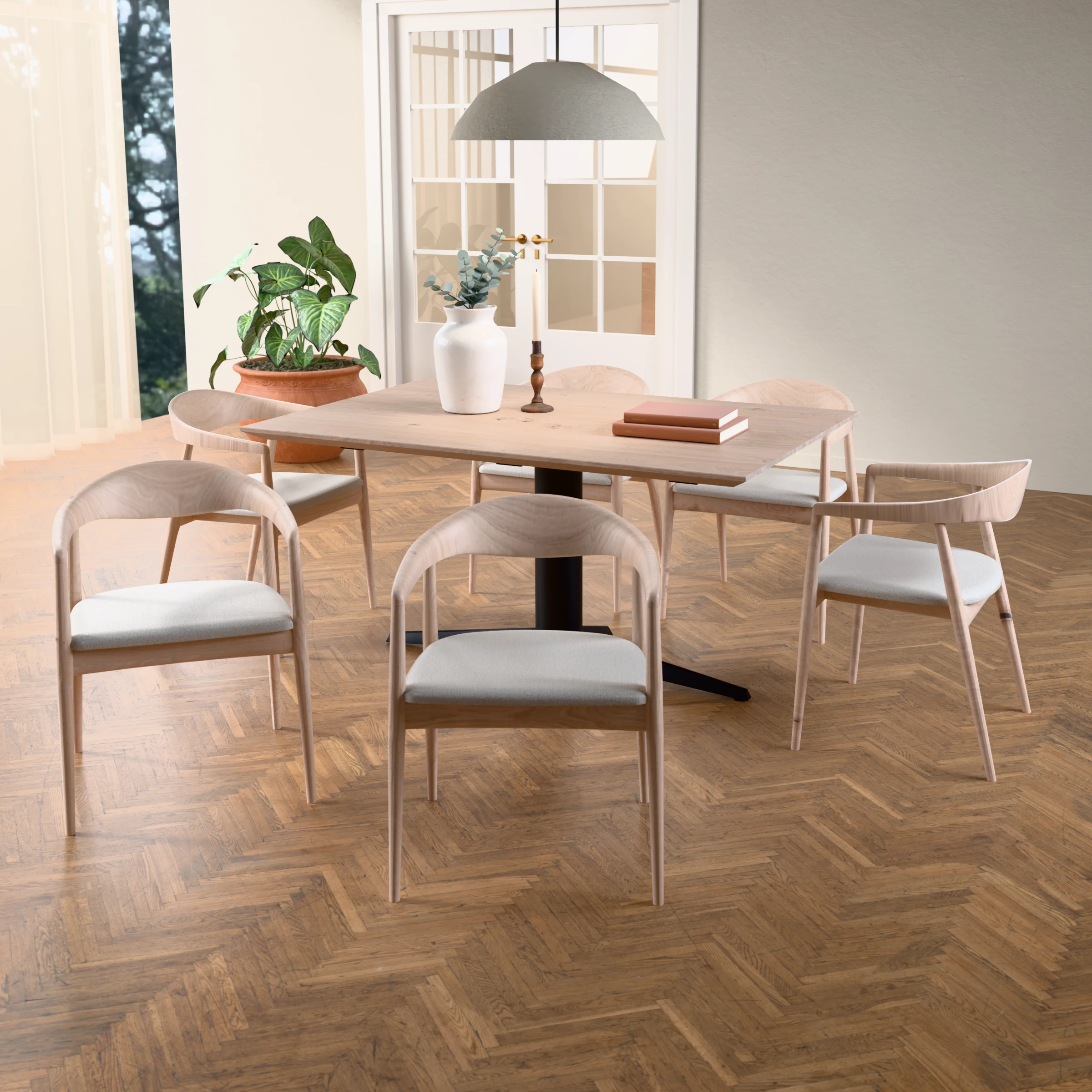 Rectangular oak table Londen steel — in a room setting