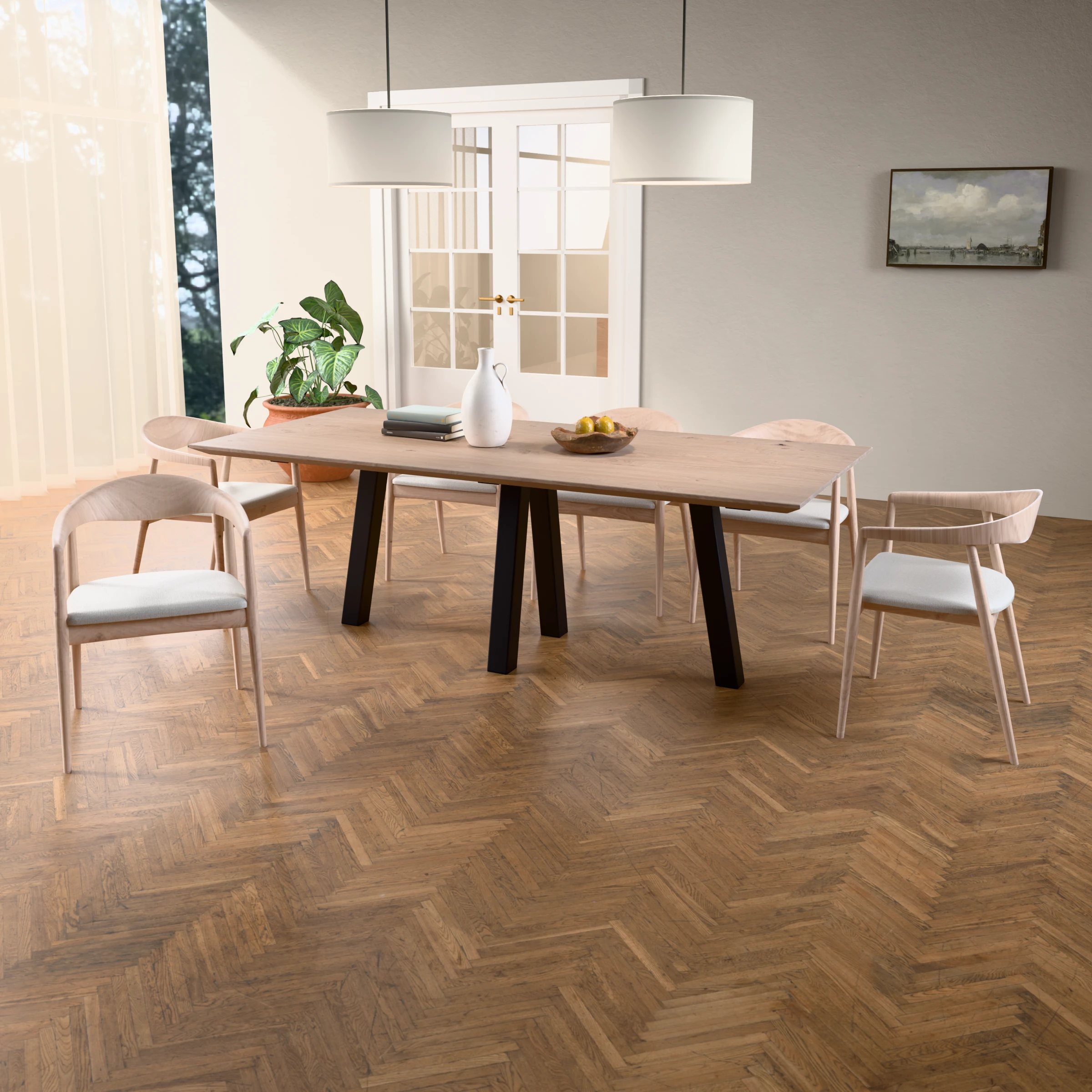 Rechthoekige eikenhouten tafel Praag staal — sfeerbeeld