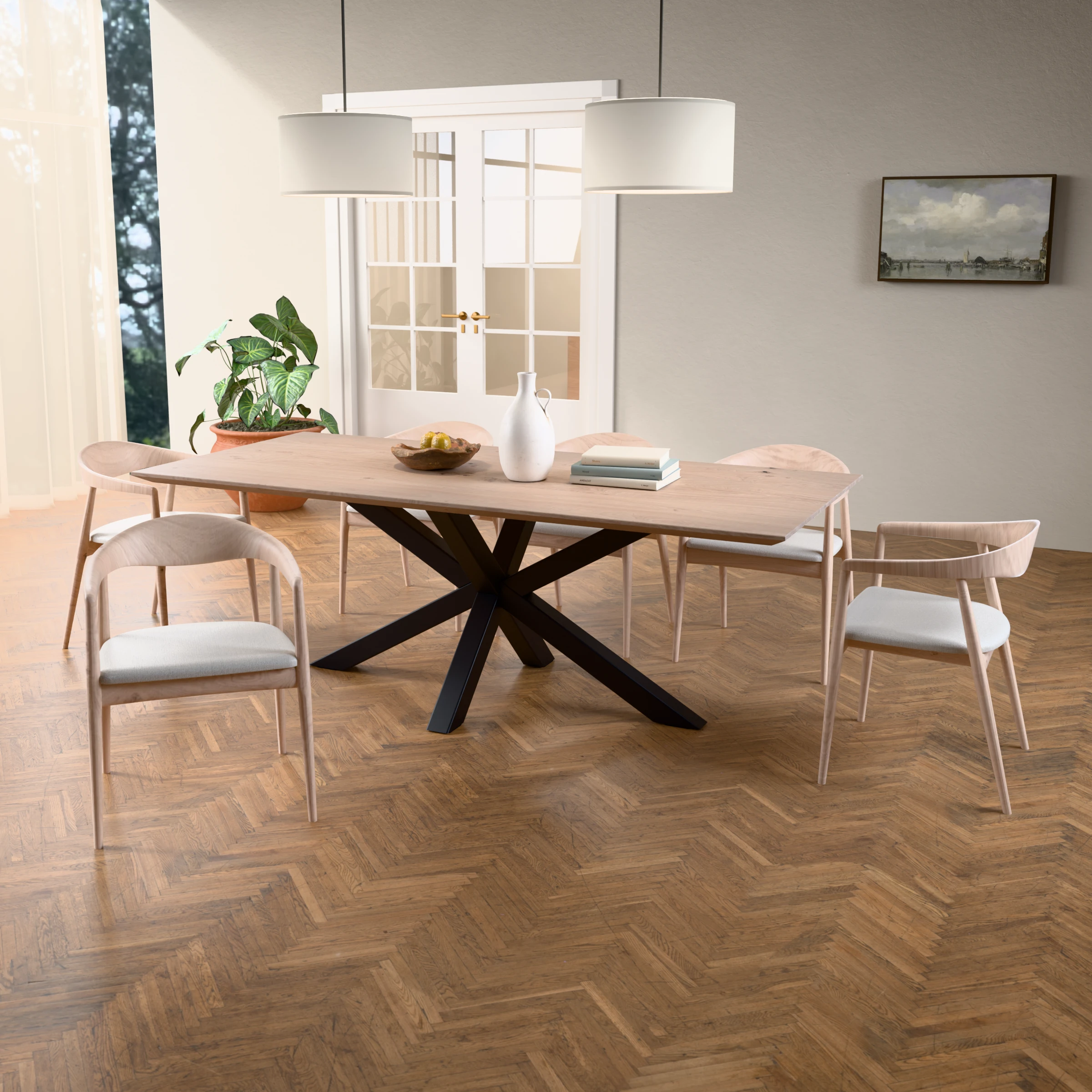 Rectangular oak table Riga 80x80 steel — in a room setting