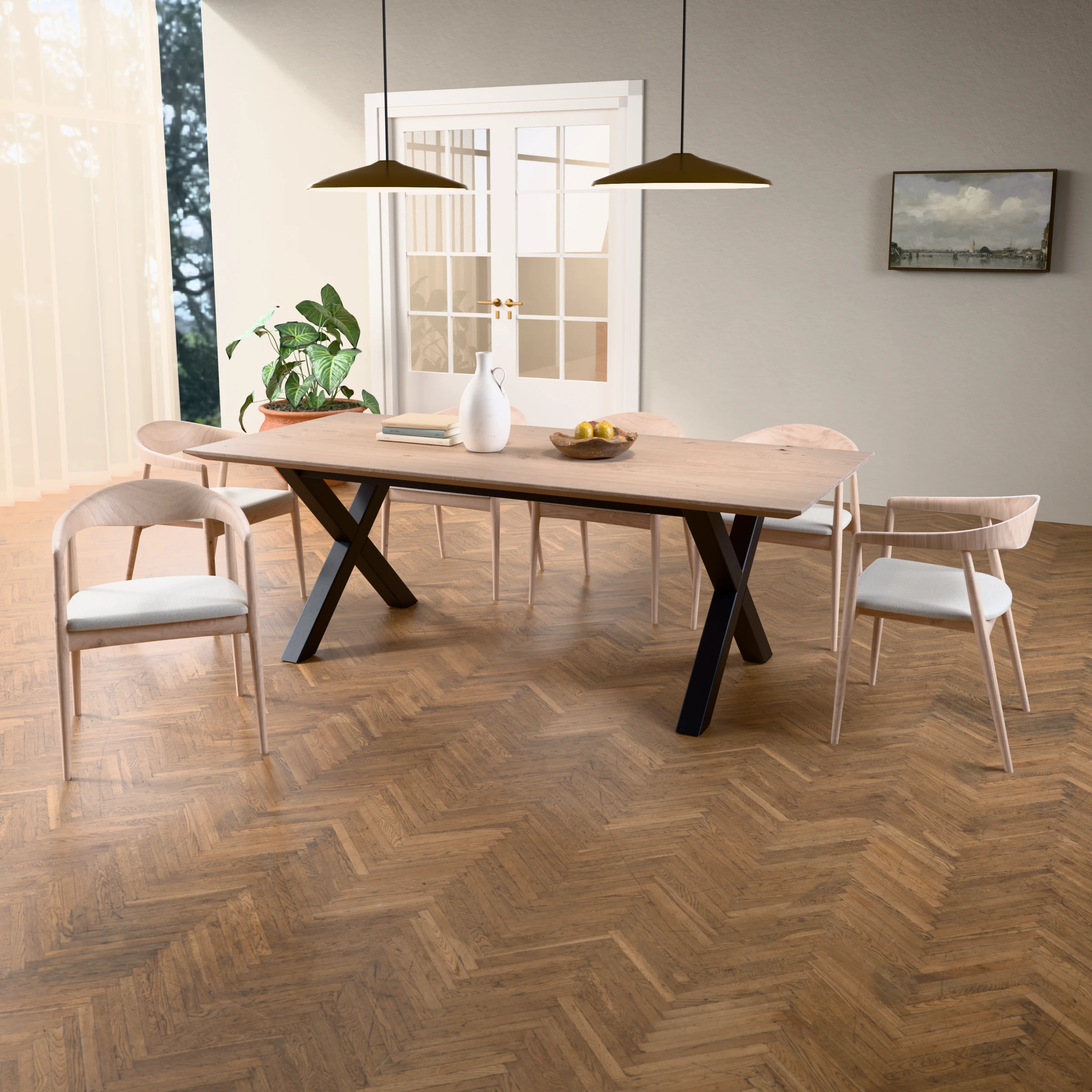 Rectangular oak table Sydney steel — in a room setting