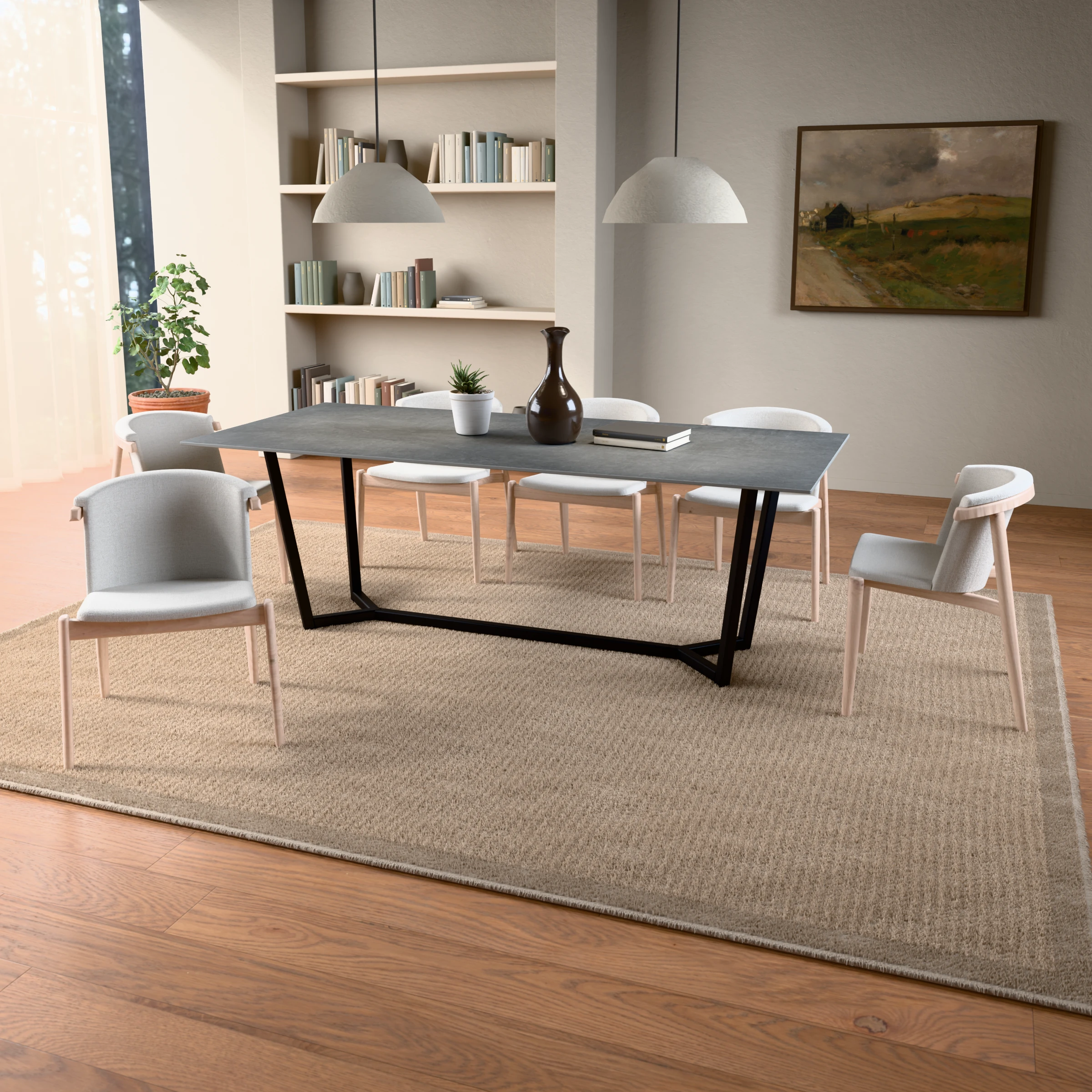 Rectangular ceramic table Lissabon steel — in a room setting
