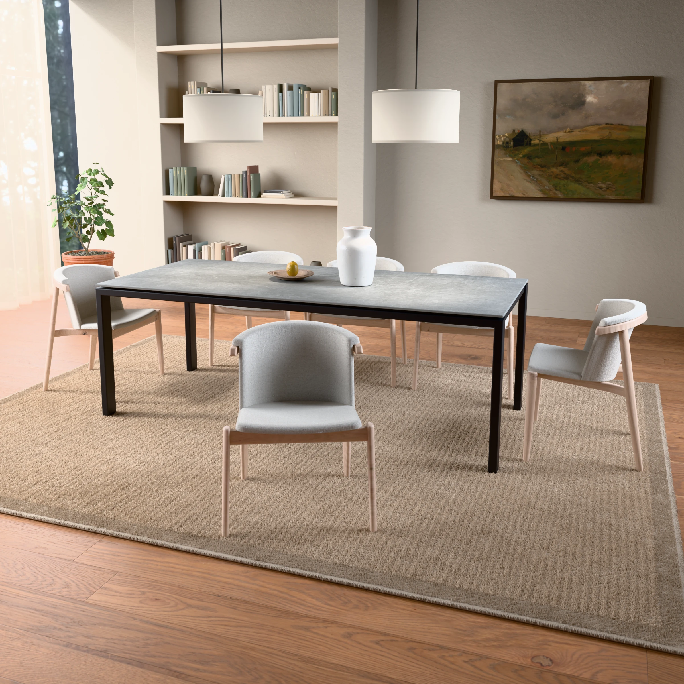 Rectangular ceramic table Venetie steel — in a room setting