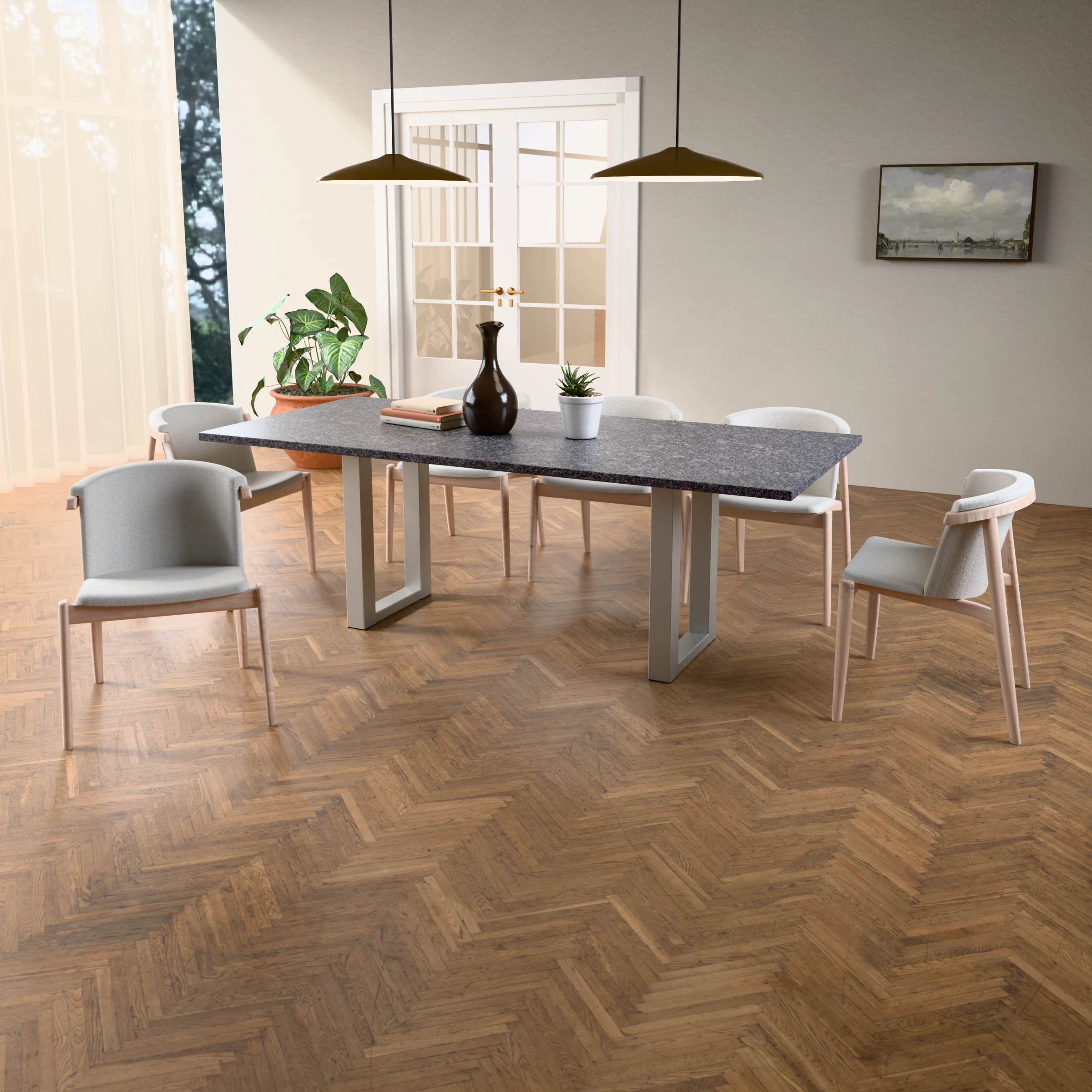 Rectangular granite table Amsterdam stainless steel — in a room setting