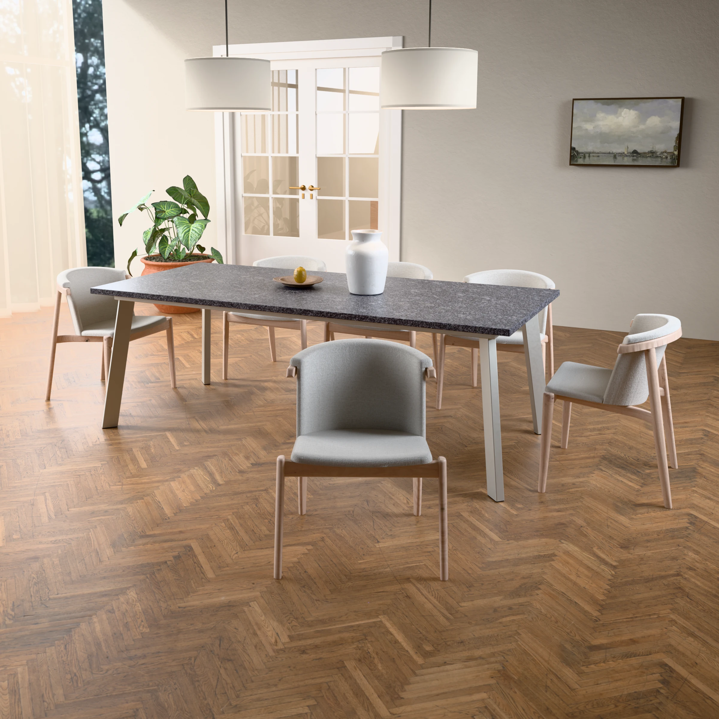 Rectangular granite table Brussel stainless steel — in a room setting