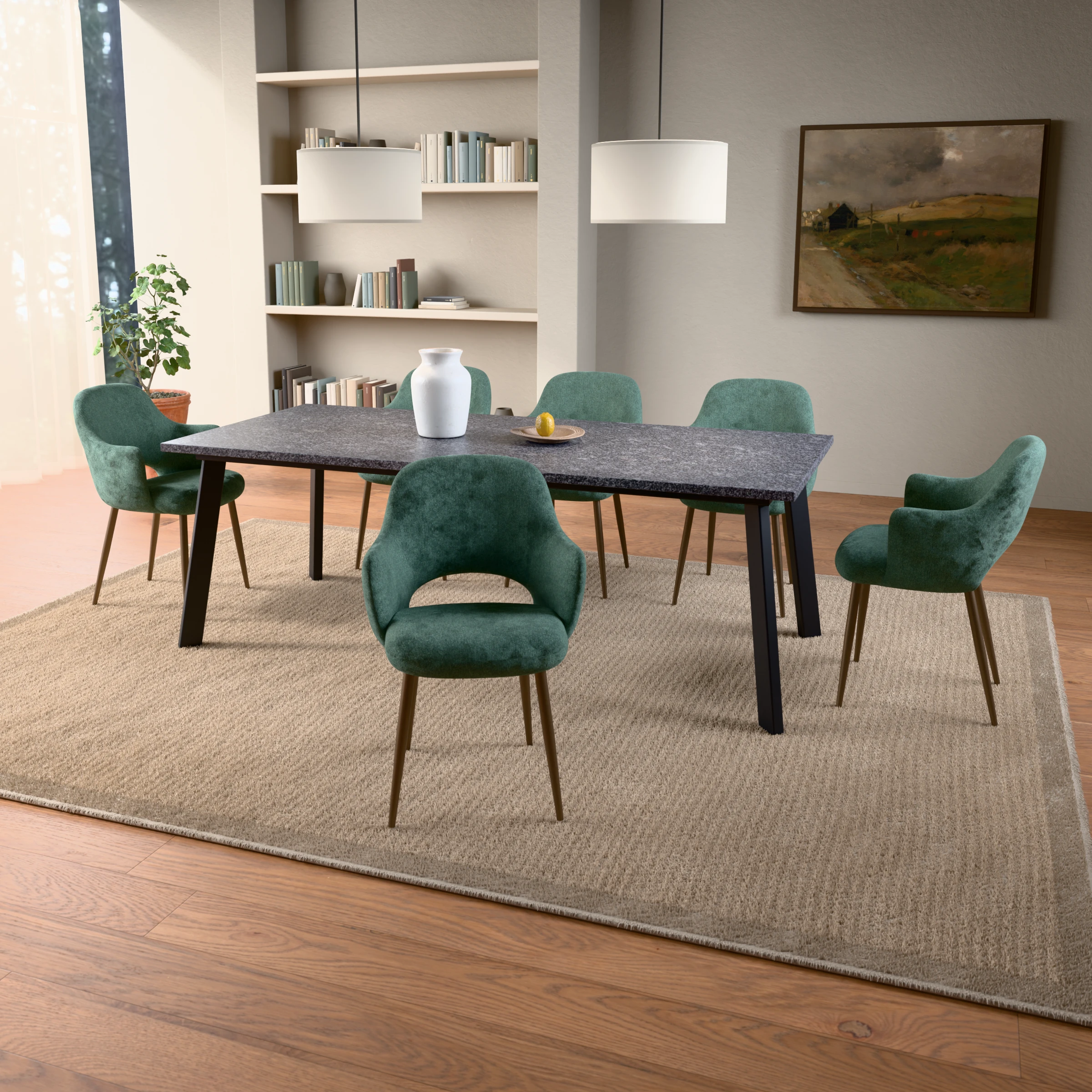 Rectangular granite table Brussel steel — in a room setting