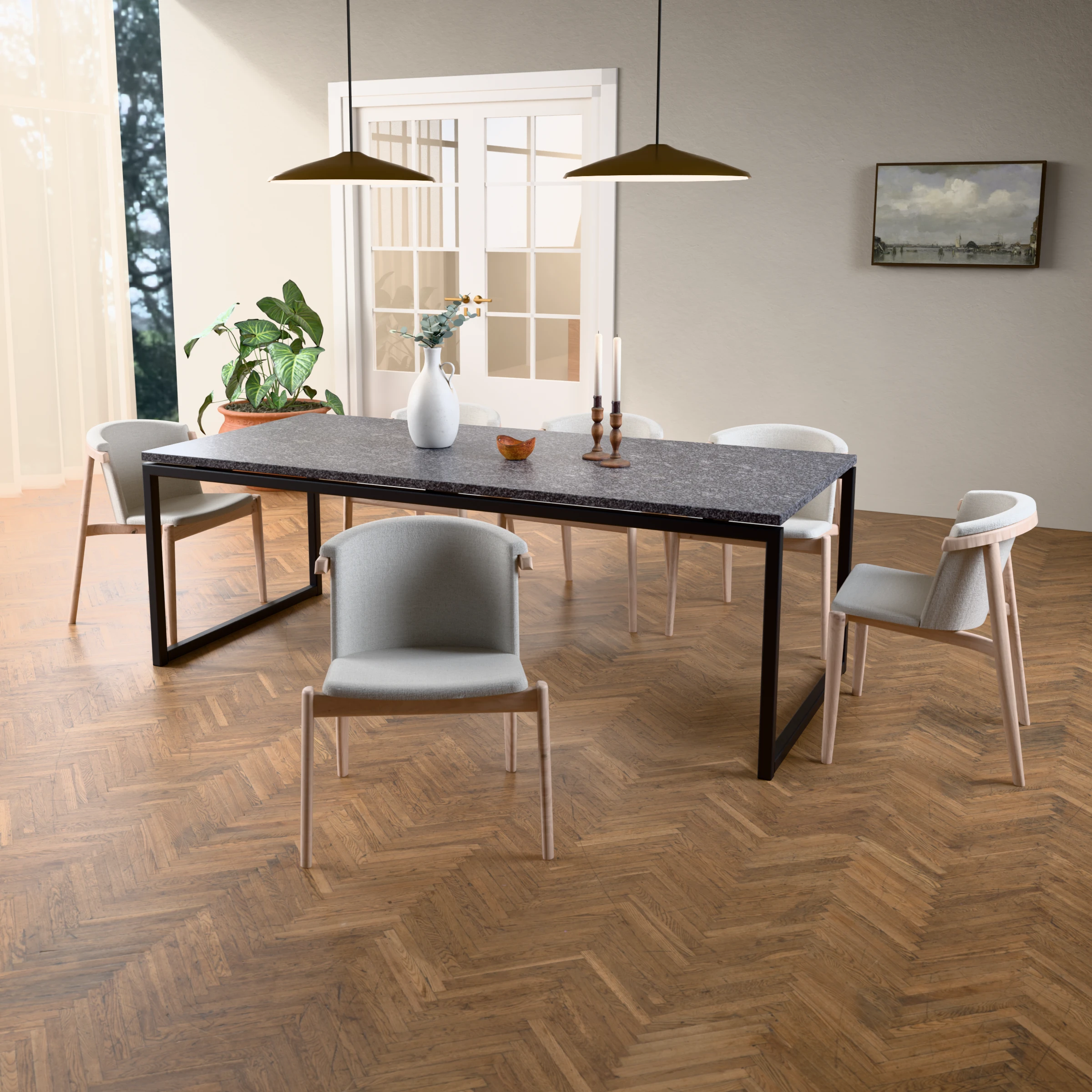 Rectangular granite table Dubai steel — in a room setting