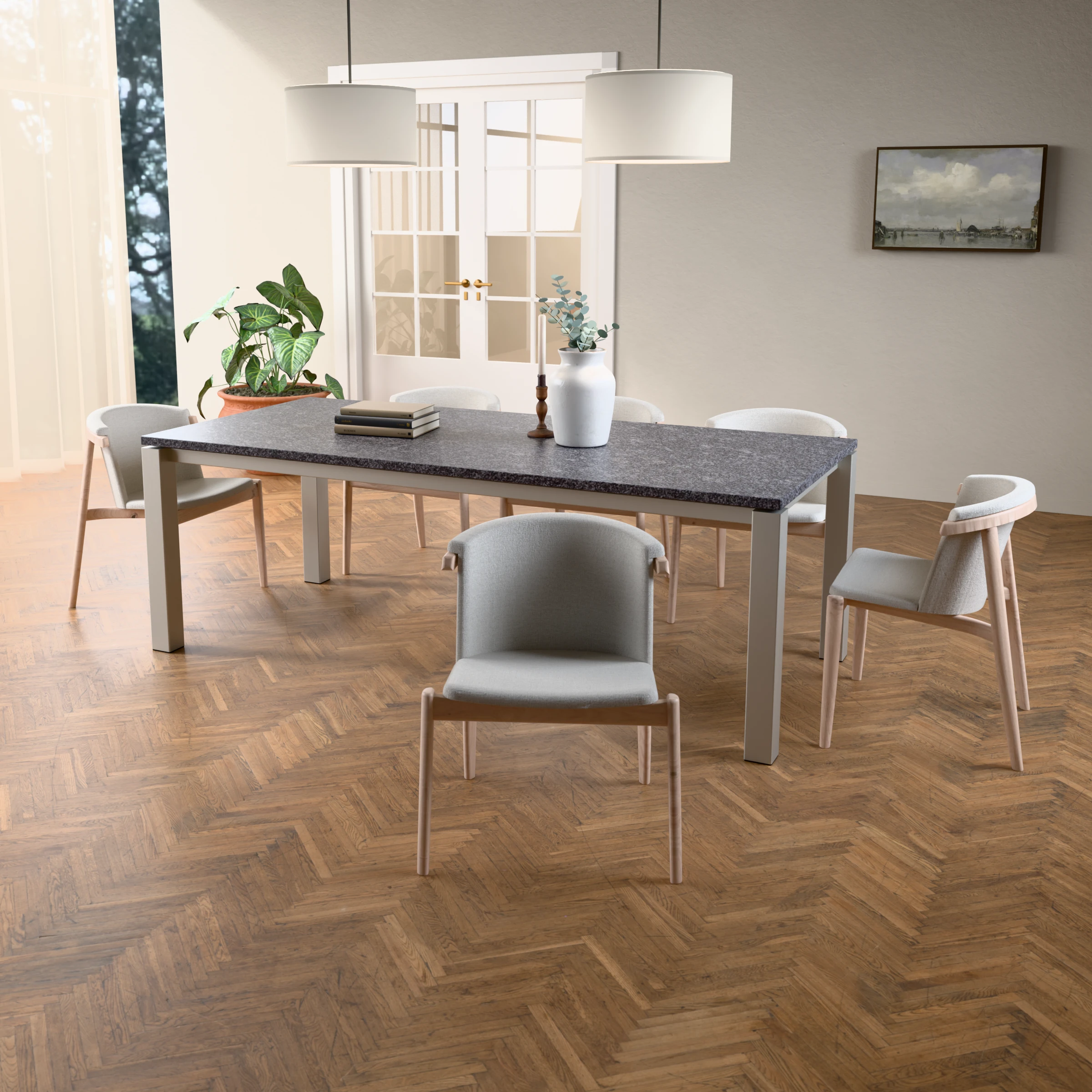 Rectangular granite table Helsinki stainless steel — in a room setting