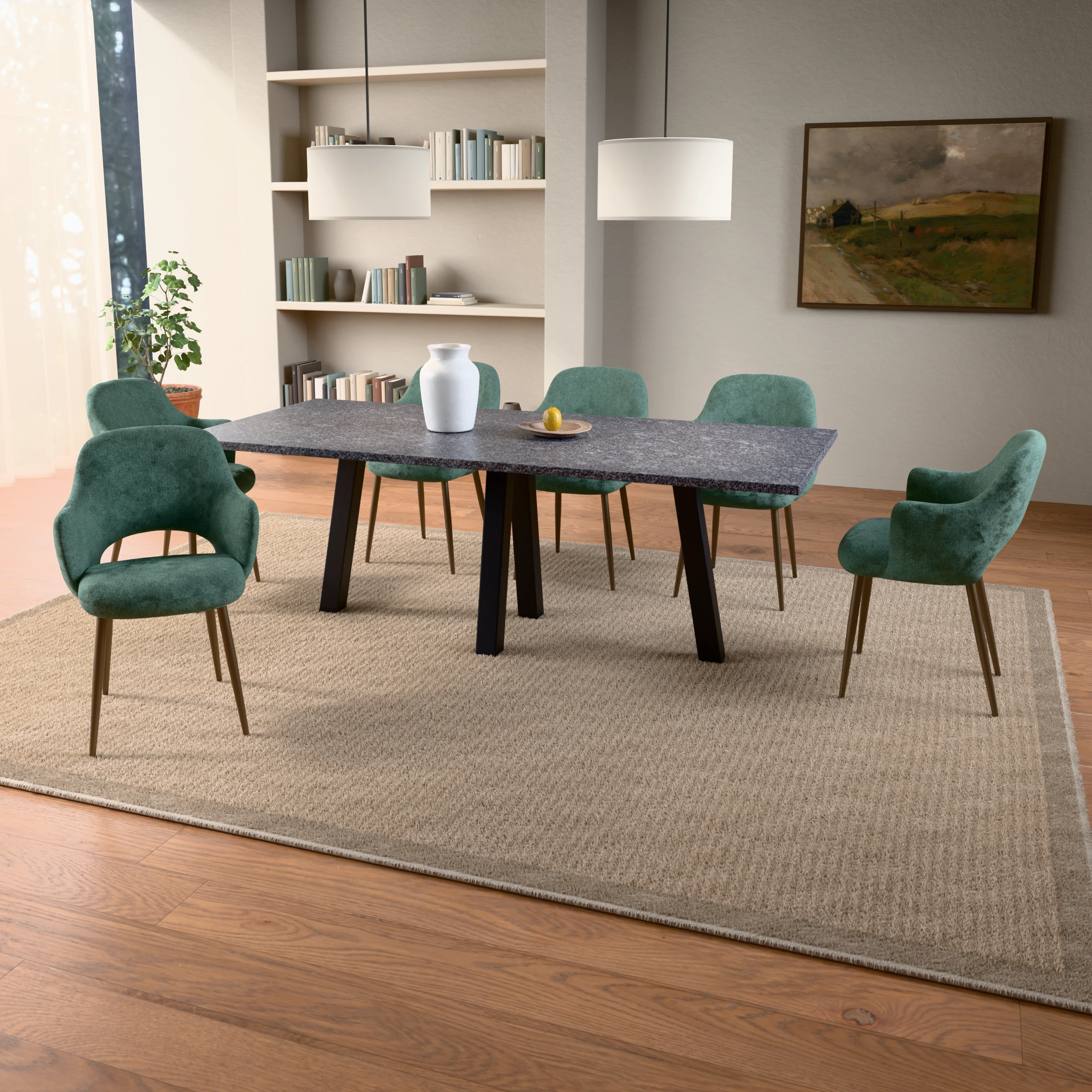 Rectangular granite table Praag steel — in a room setting