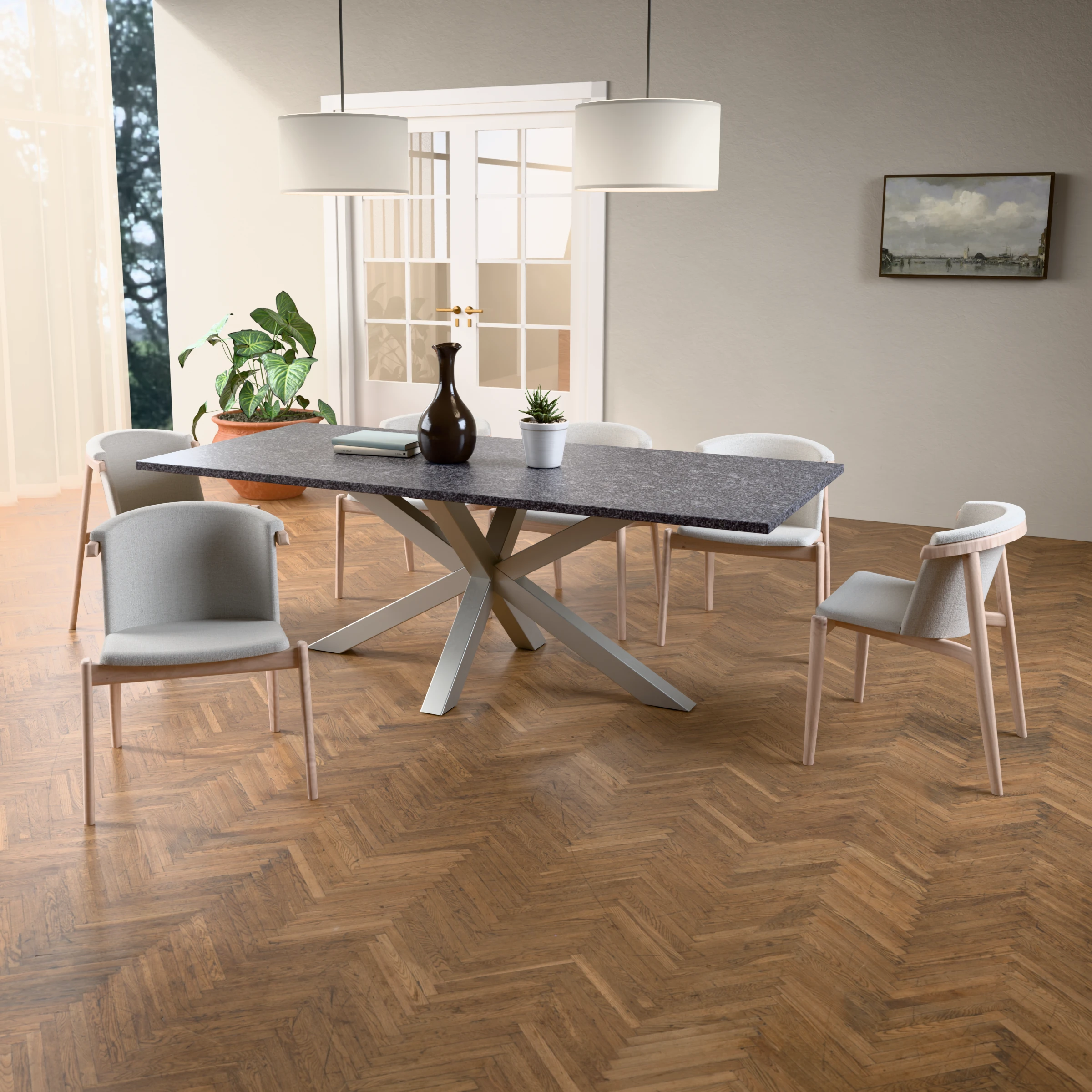 Rechteckiger Granit-Tisch Riga 80x80 Edelstahl — im Wohnambiente