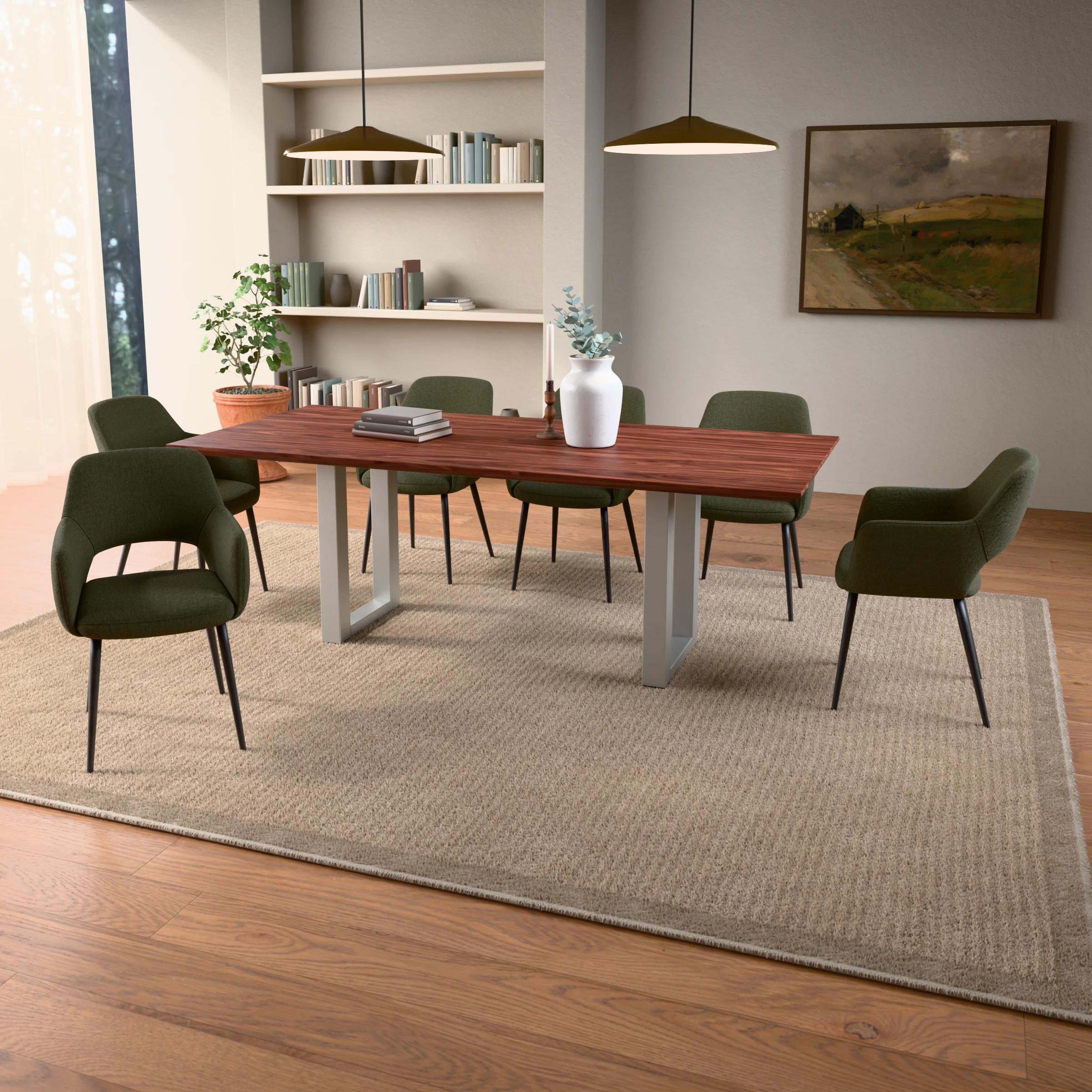 Rectangular walnut table Amsterdam stainless steel — in a room setting