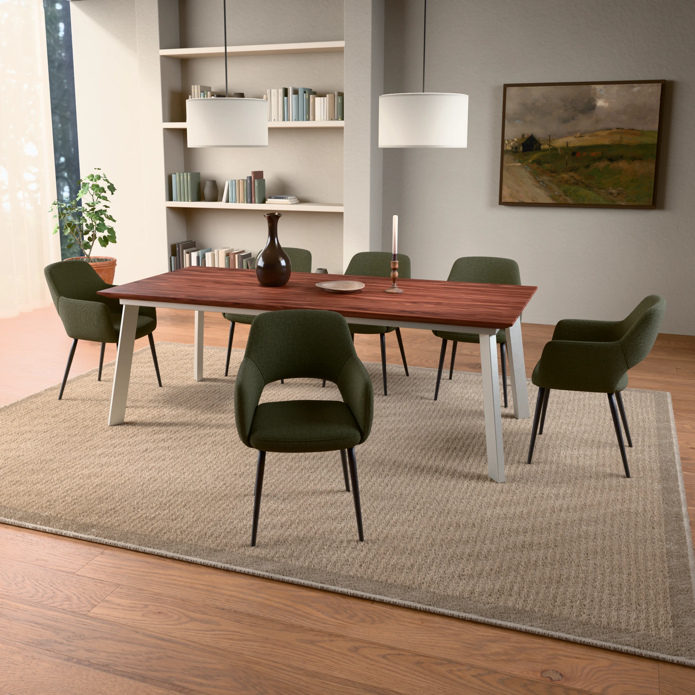 Rectangular walnut table Brussel stainless steel — in a room setting