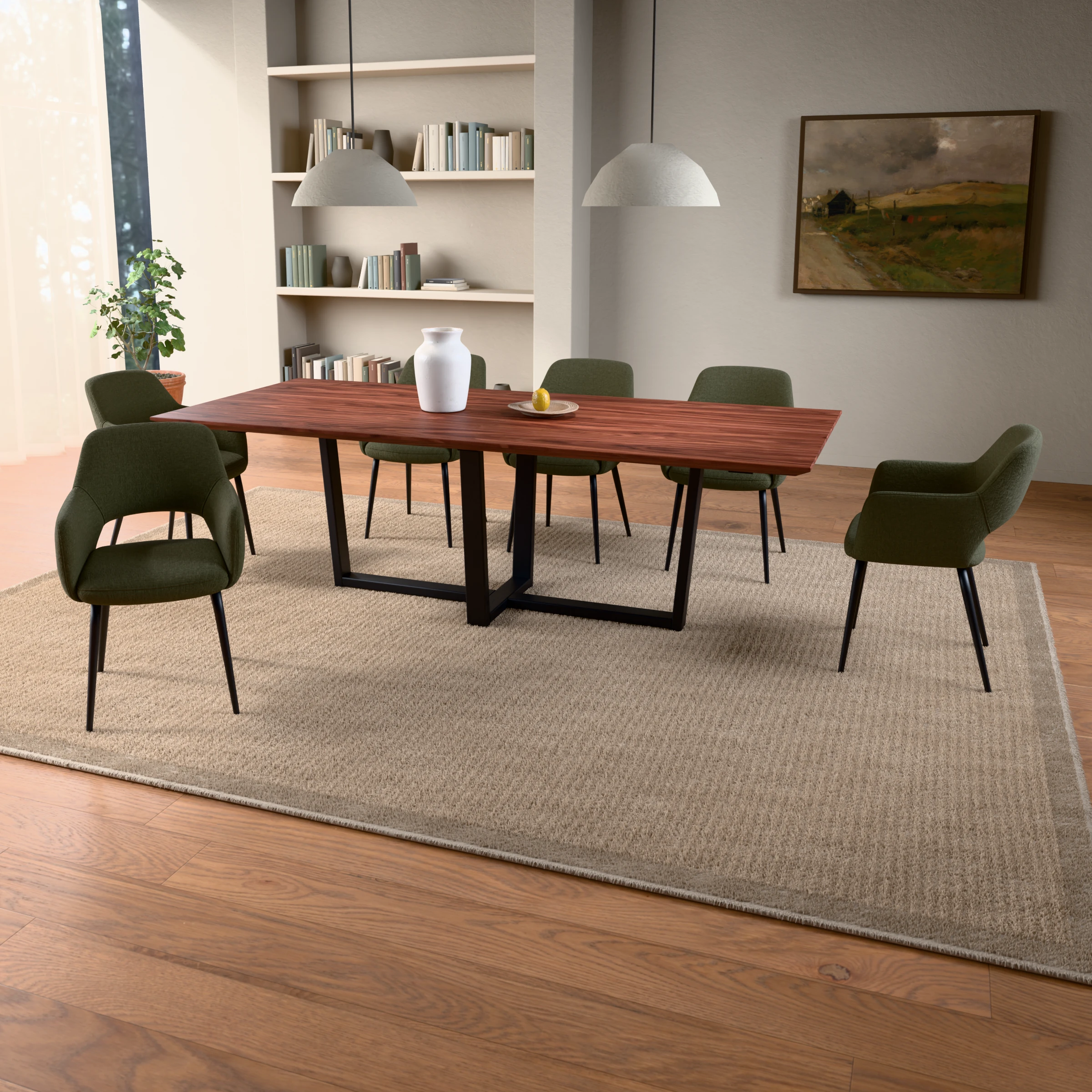 Rectangular walnut table Geneve steel — in a room setting