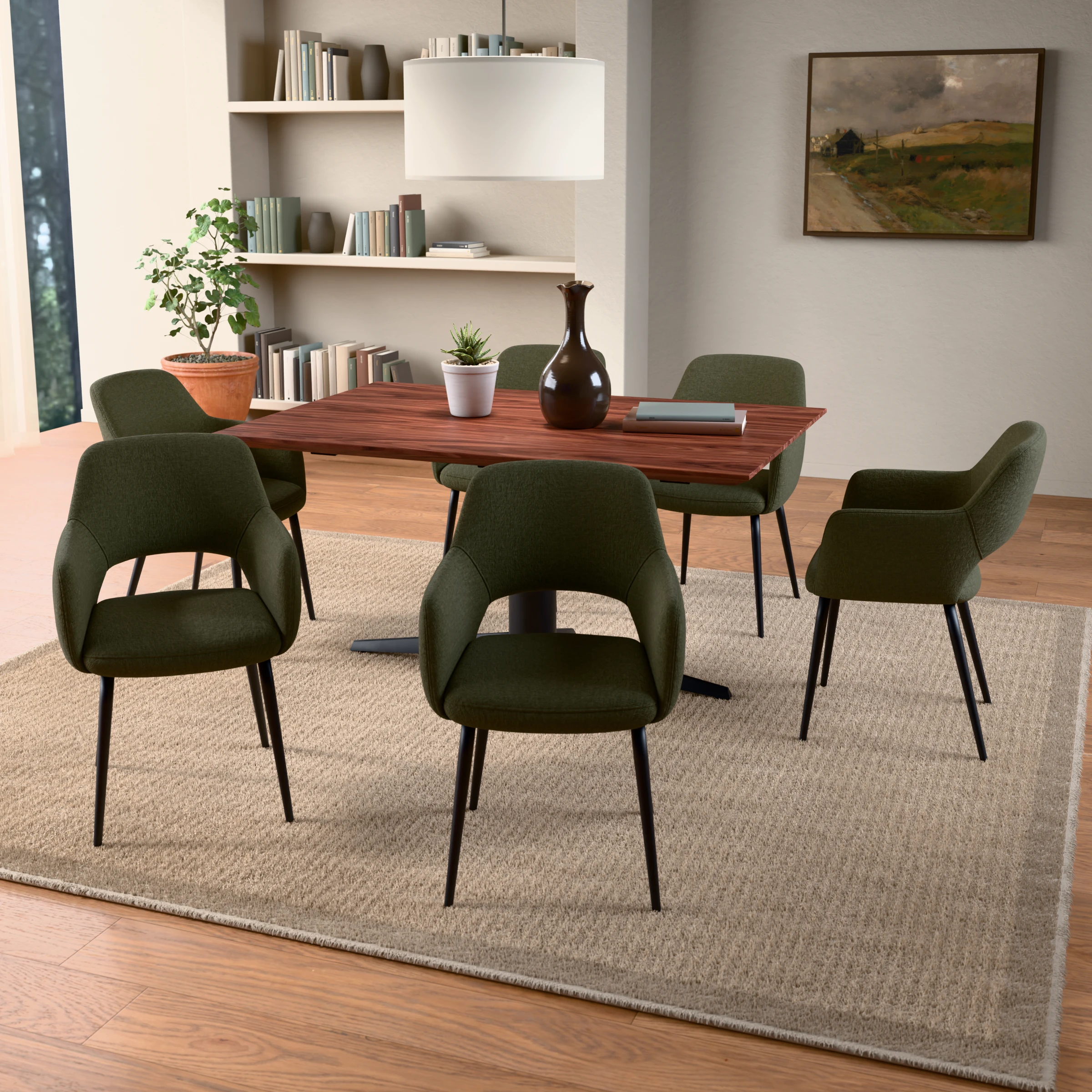 Rectangular walnut table Londen steel — in a room setting