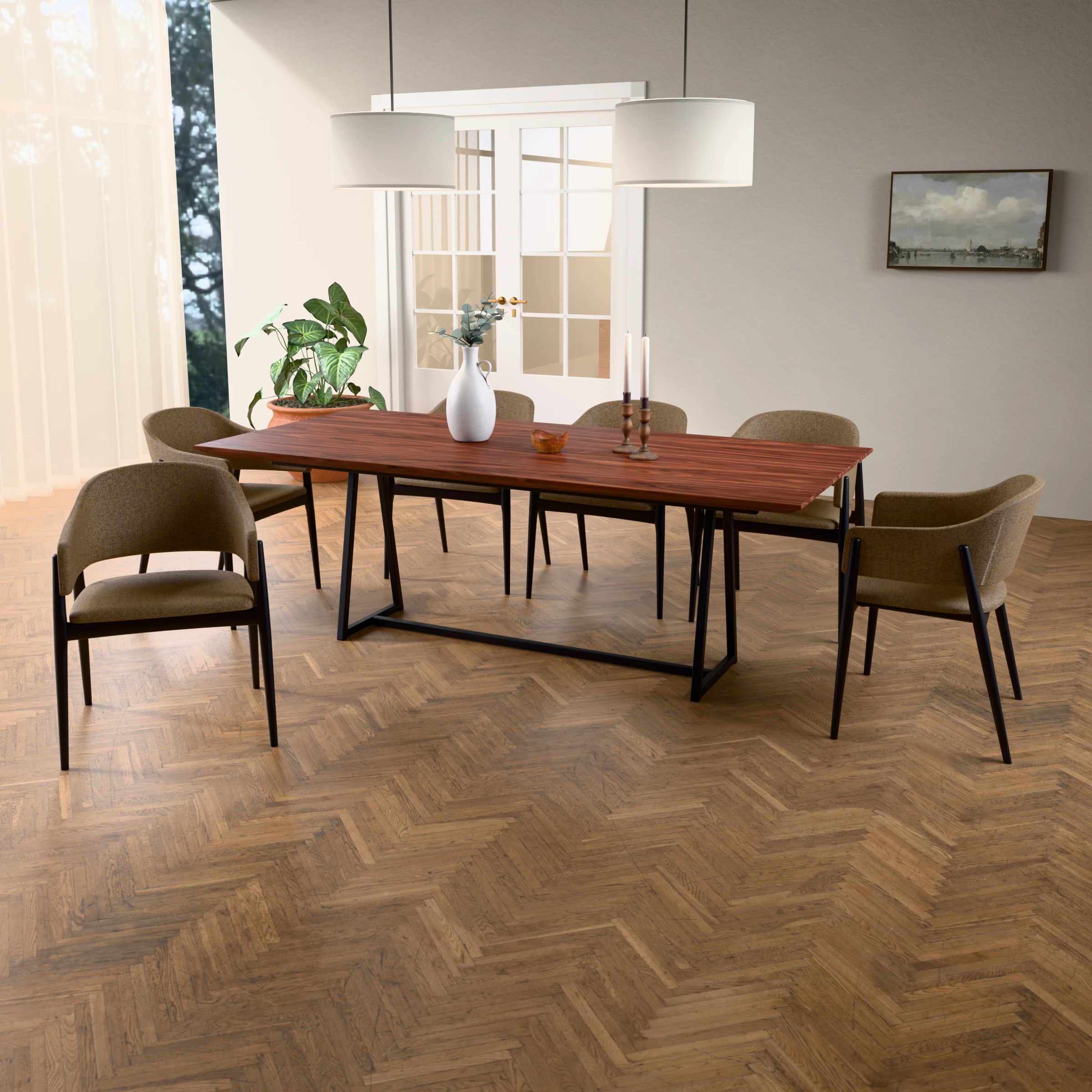 Rectangular walnut table Monaco steel — in a room setting