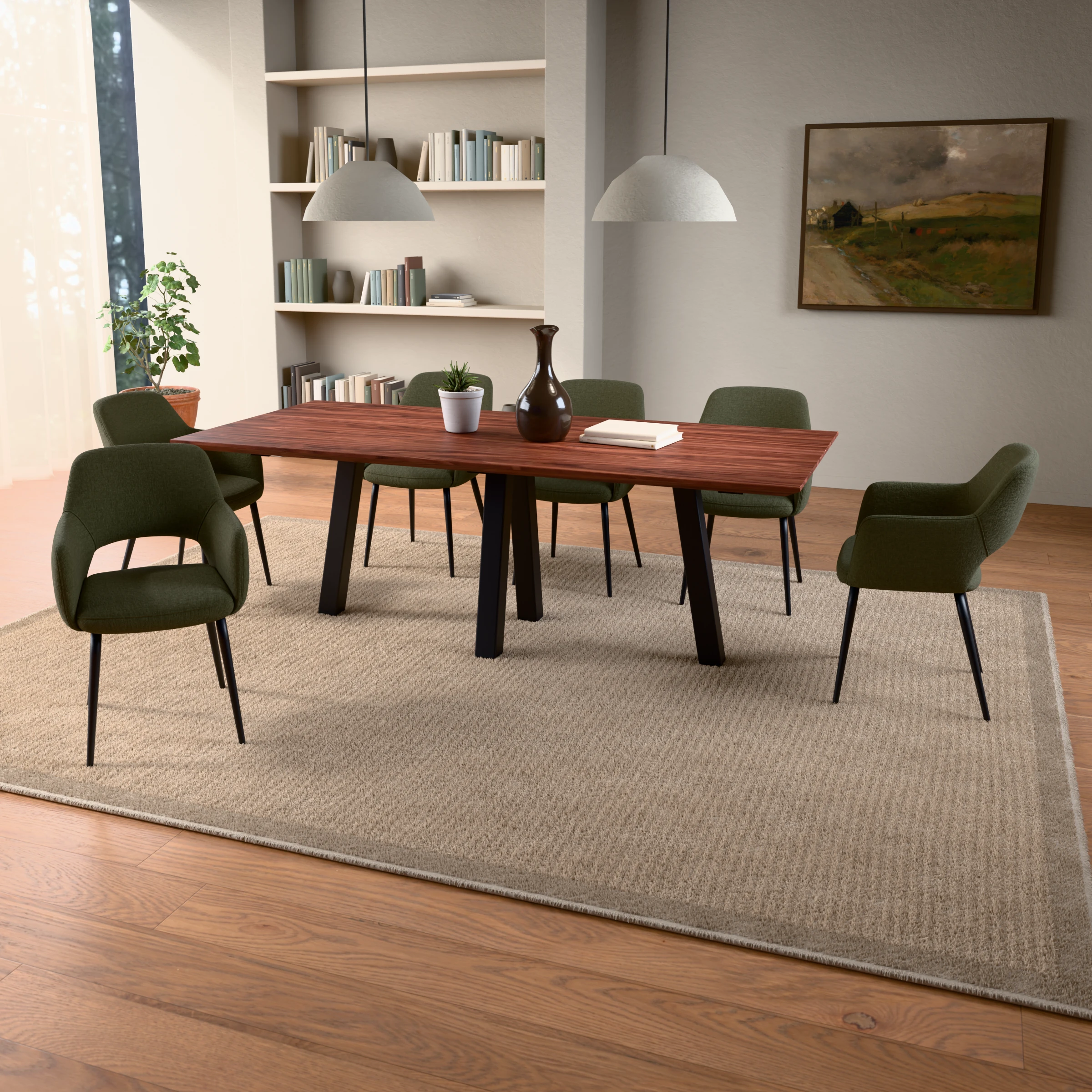 Rectangular walnut table Praag steel — in a room setting
