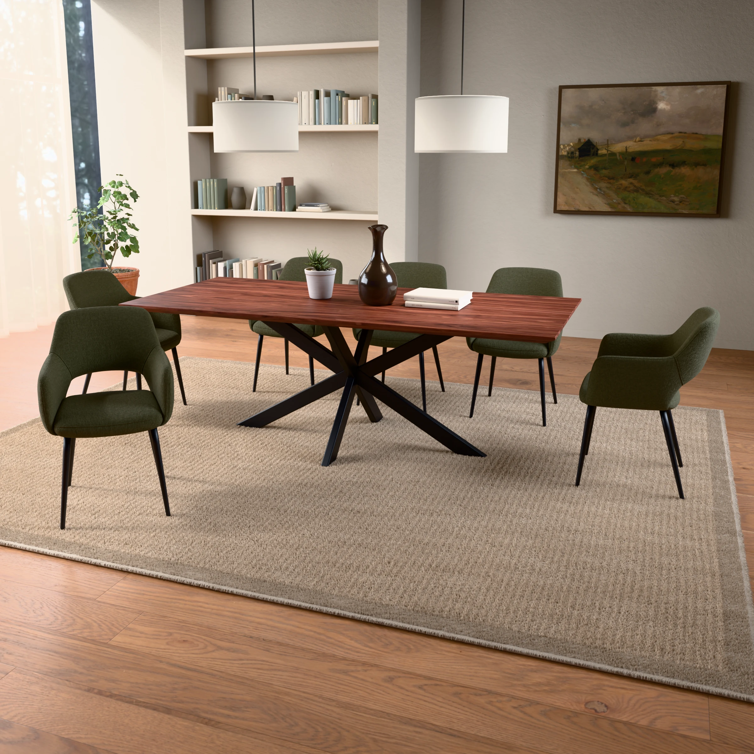 Rectangular walnut table Riga 80x40 steel — in a room setting