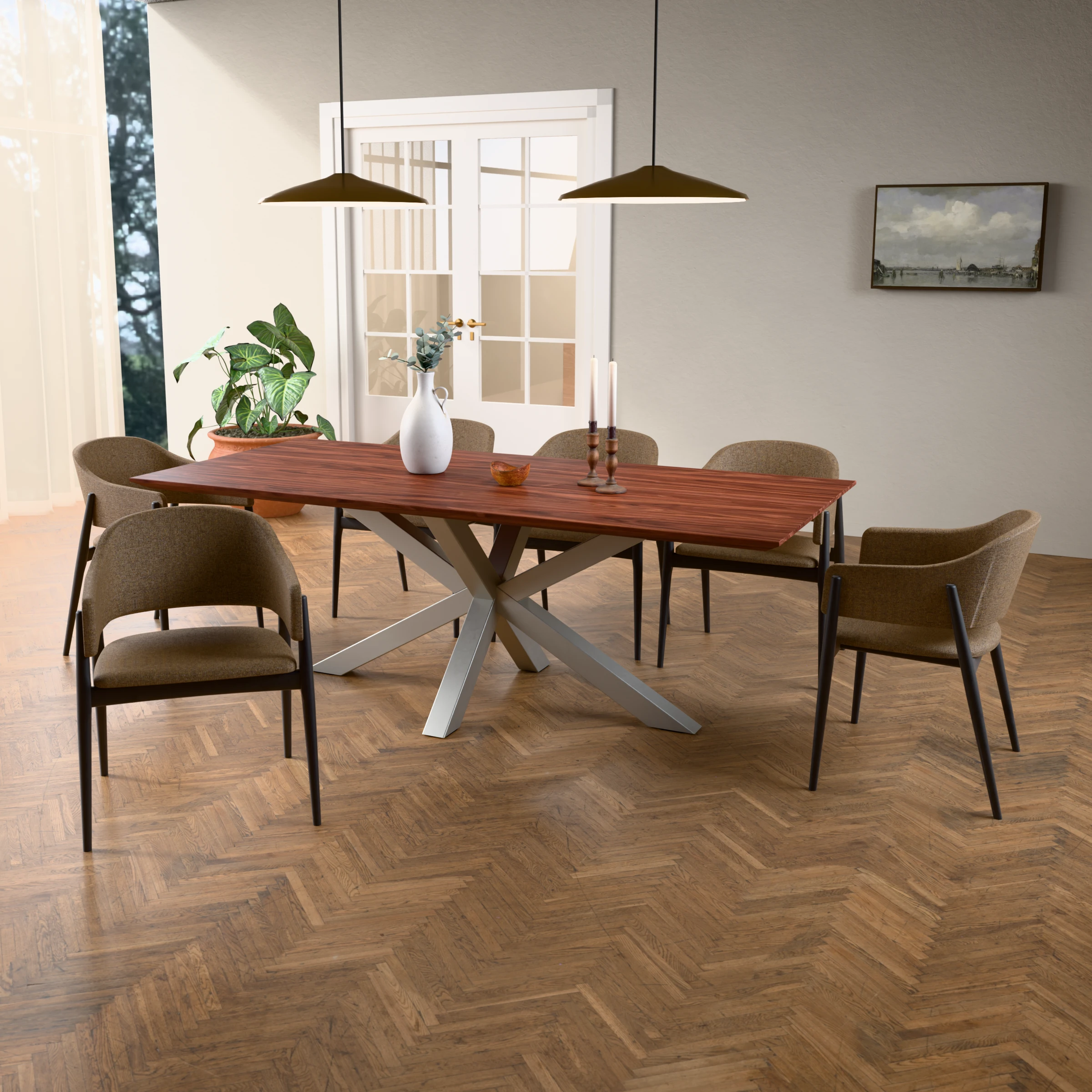 Rechthoekige notenhouten tafel Riga 80x80 RVS — sfeerbeeld