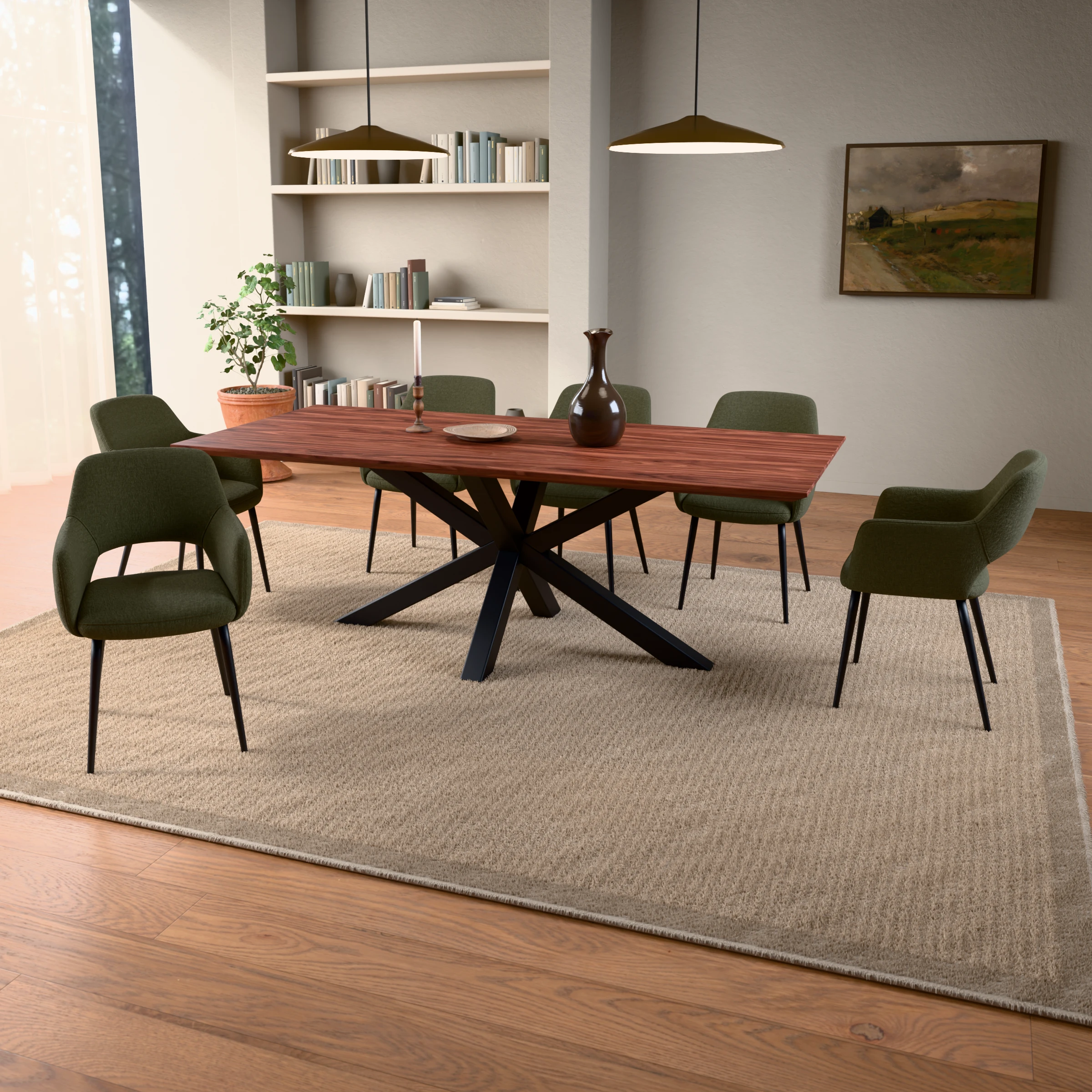 Rectangular walnut table Riga 80x80 steel — in a room setting