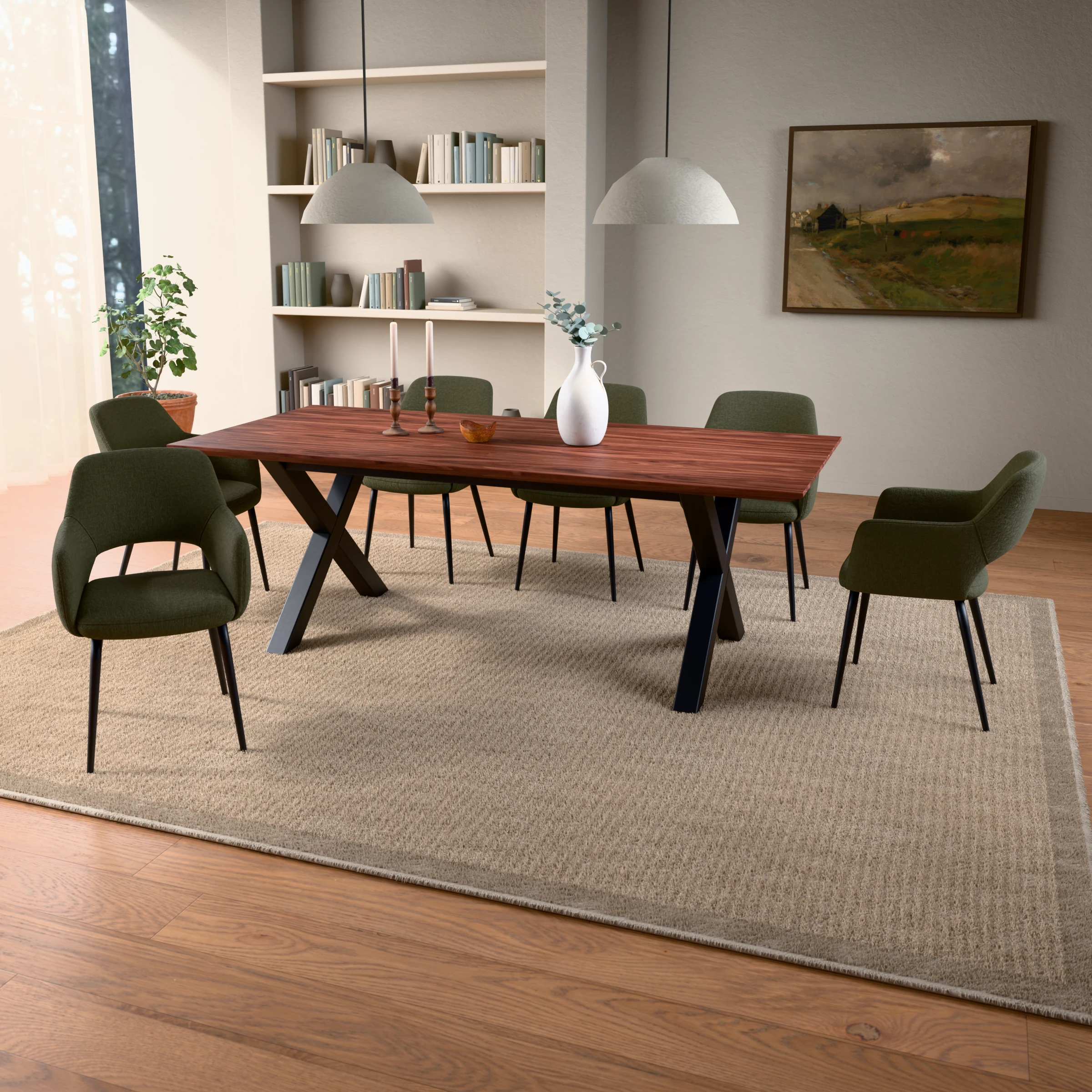 Rectangular walnut table Sydney steel — in a room setting