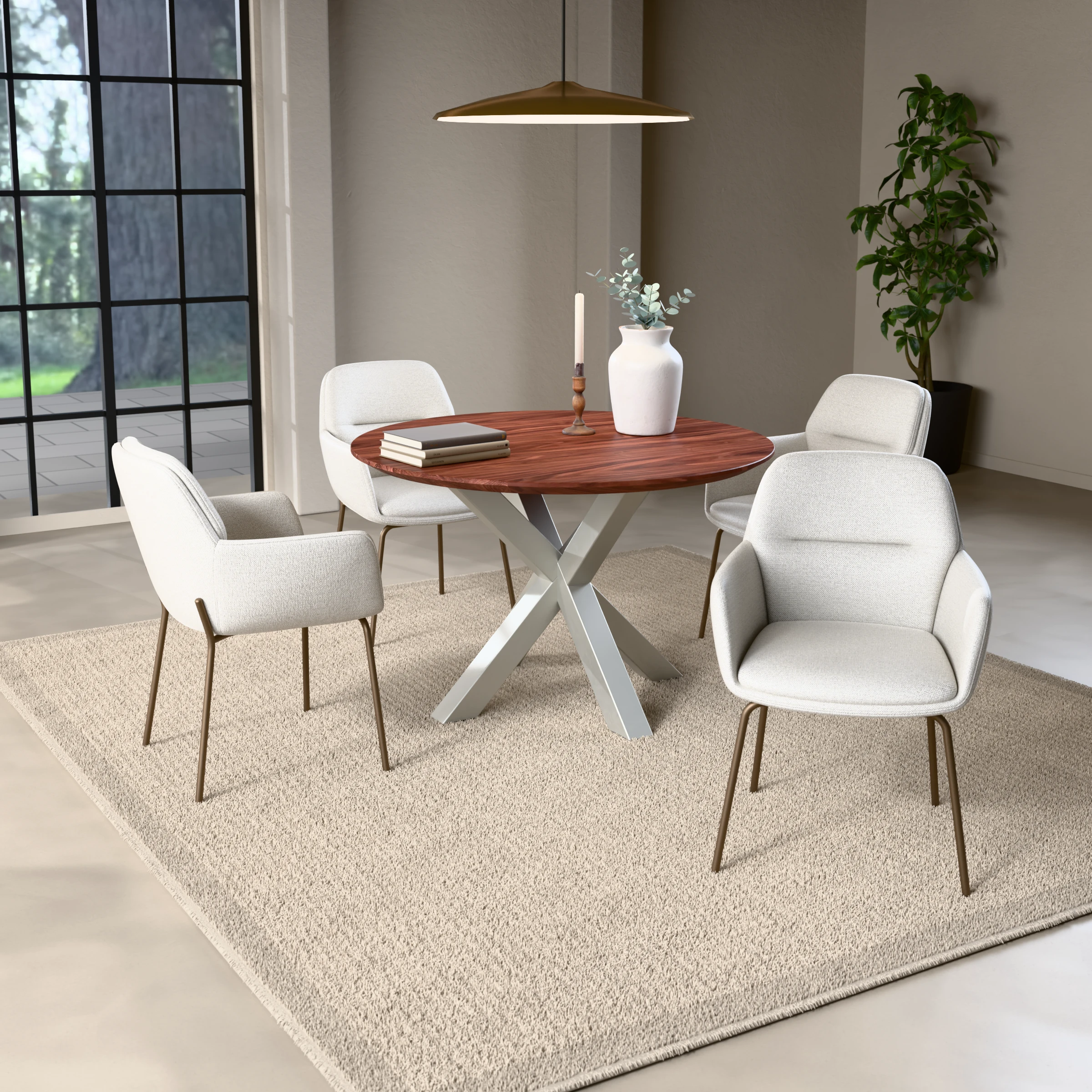 Runder Nussbaum-Tisch Riga 80x80 Edelstahl — im Wohnambiente